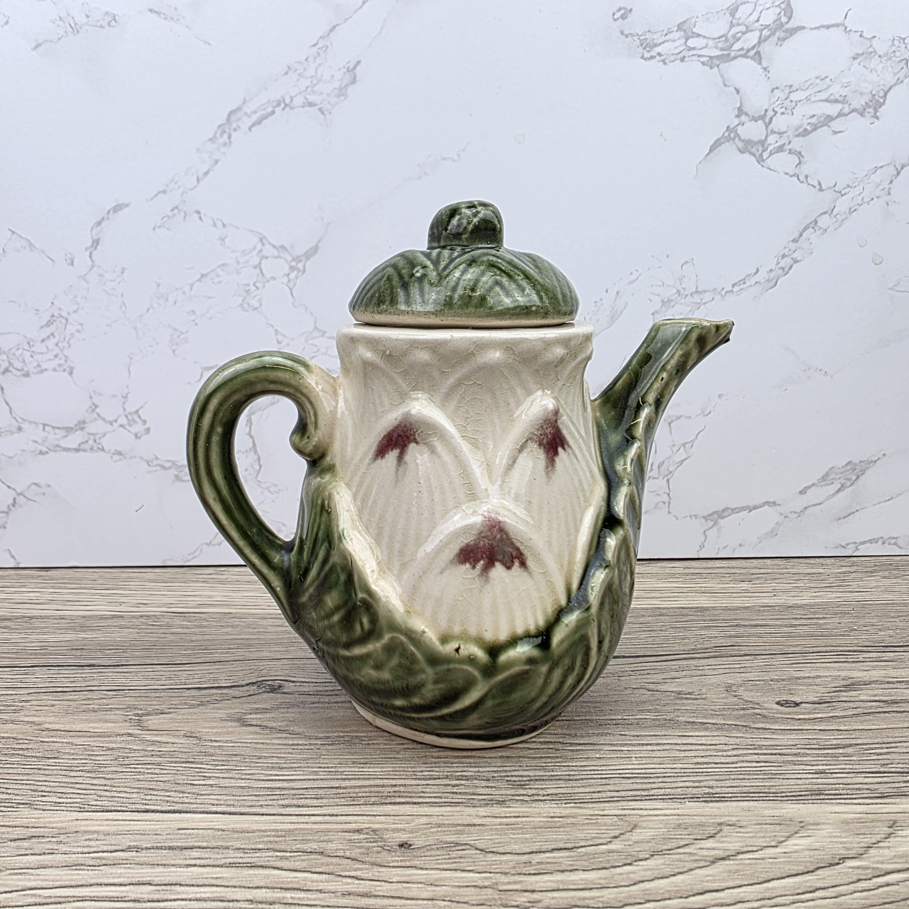 Ceramic Lily Flower Teapot With Lid Green Glazed Leaf Spout Floral Tea Serving Pot