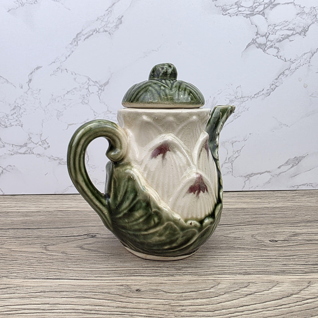 Ceramic Lily Flower Teapot With Lid Green Glazed Leaf Spout Floral Tea Serving Pot