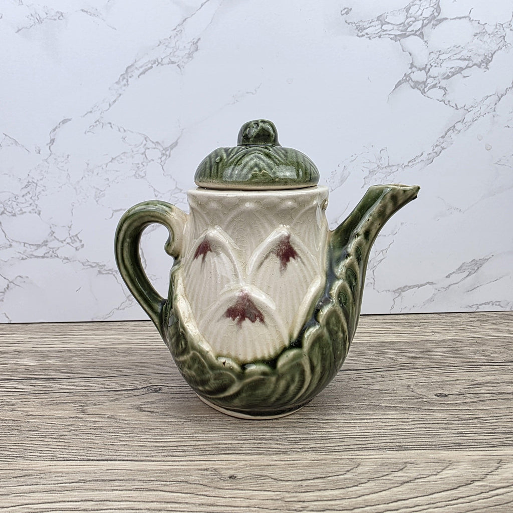 Ceramic Lily Flower Teapot With Lid Green Glazed Leaf Spout Floral Tea Serving Pot