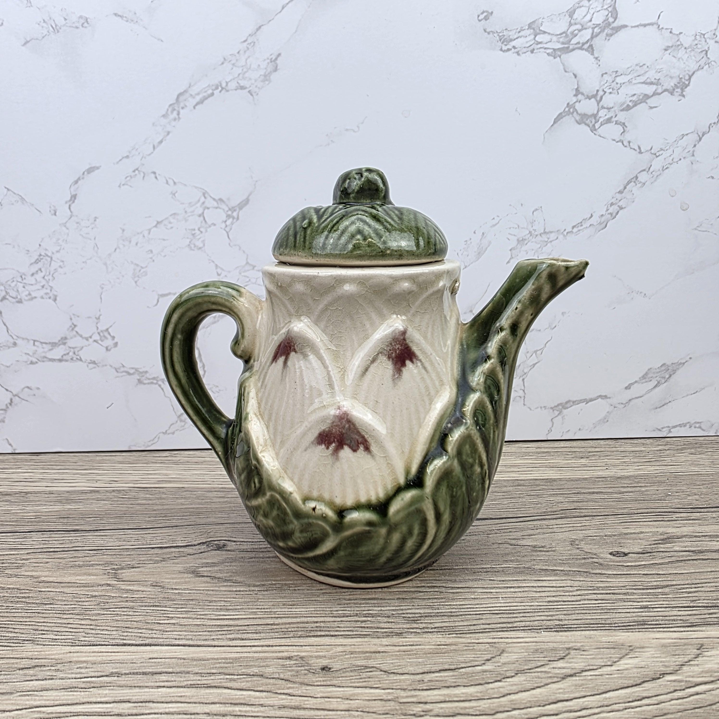 Ceramic Lily Flower Teapot With Lid Green Glazed Leaf Spout Floral Tea Serving Pot