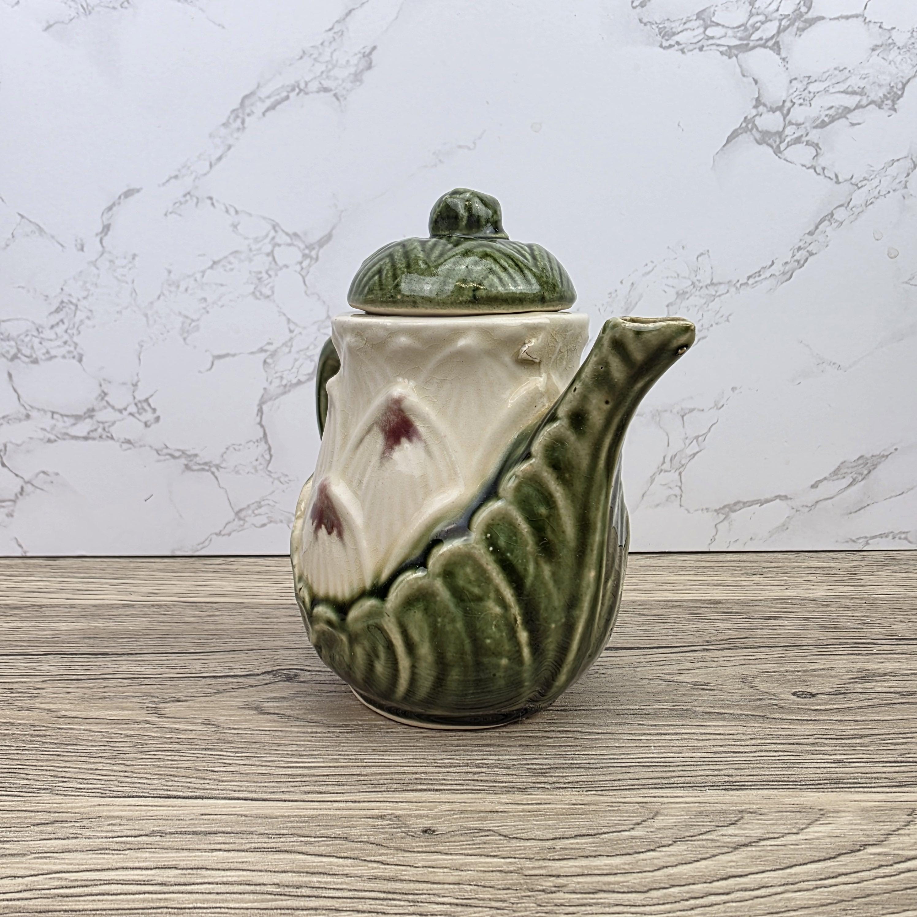 Ceramic Lily Flower Teapot With Lid Green Glazed Leaf Spout Floral Tea Serving Pot