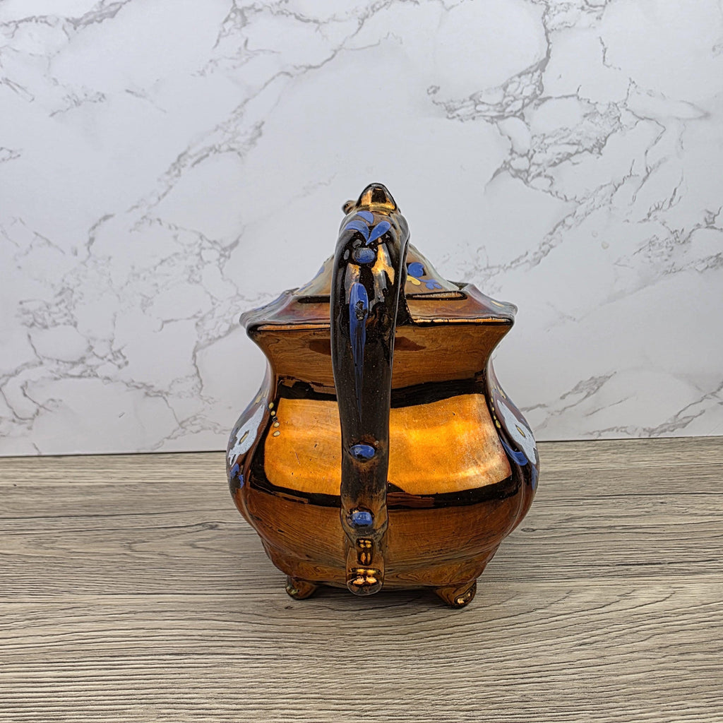 Copper Lustre Octagonal Ceramic Teapot with Lid Hand Painted Blue Floral Pattern Vintage Serveware