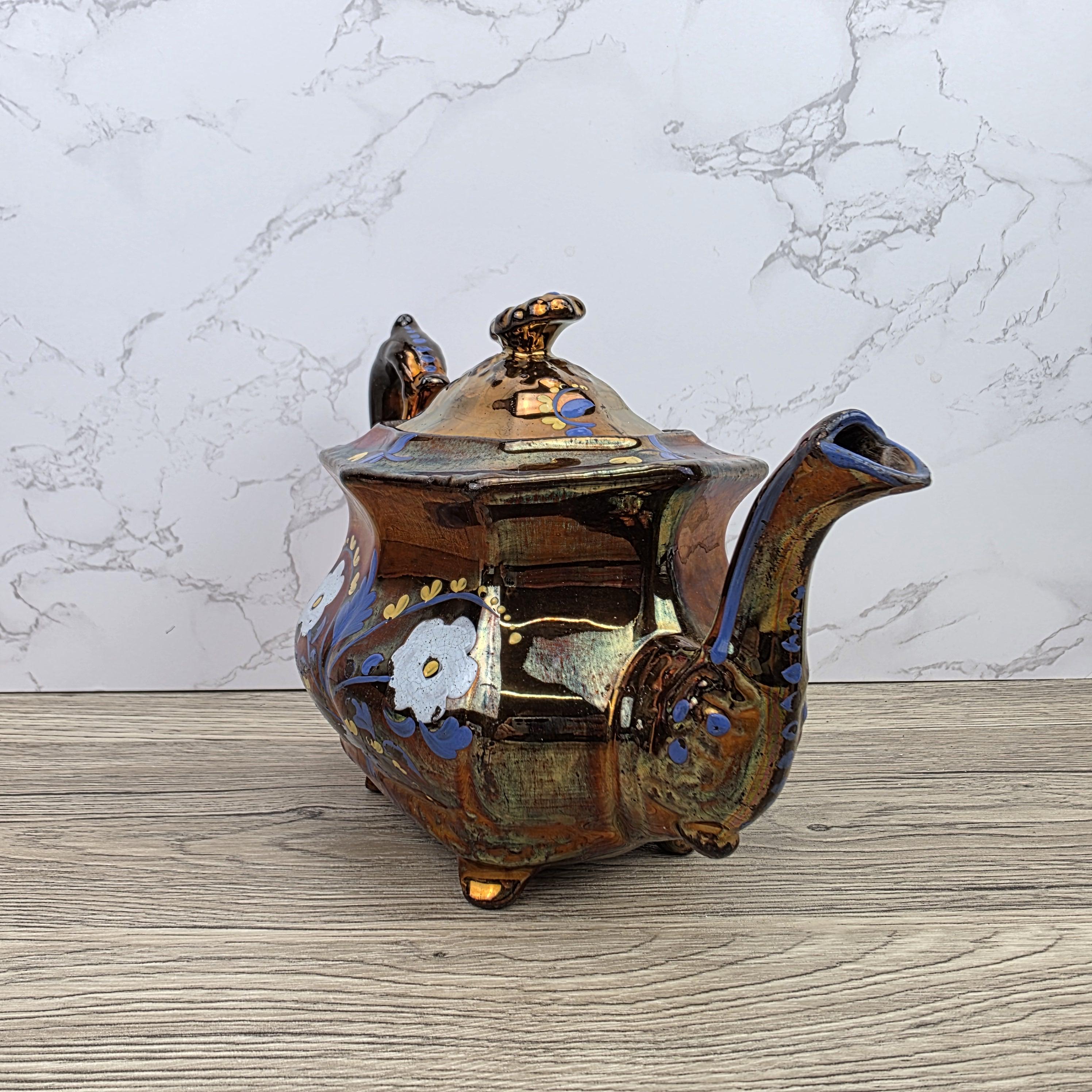Copper Lustre Octagonal Ceramic Teapot with Lid Hand Painted Blue Floral Pattern Vintage Serveware