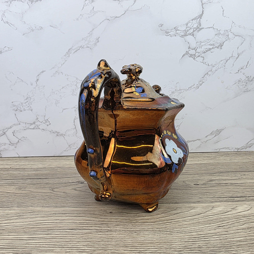 Copper Lustre Octagonal Ceramic Teapot with Lid Hand Painted Blue Floral Pattern Vintage Serveware