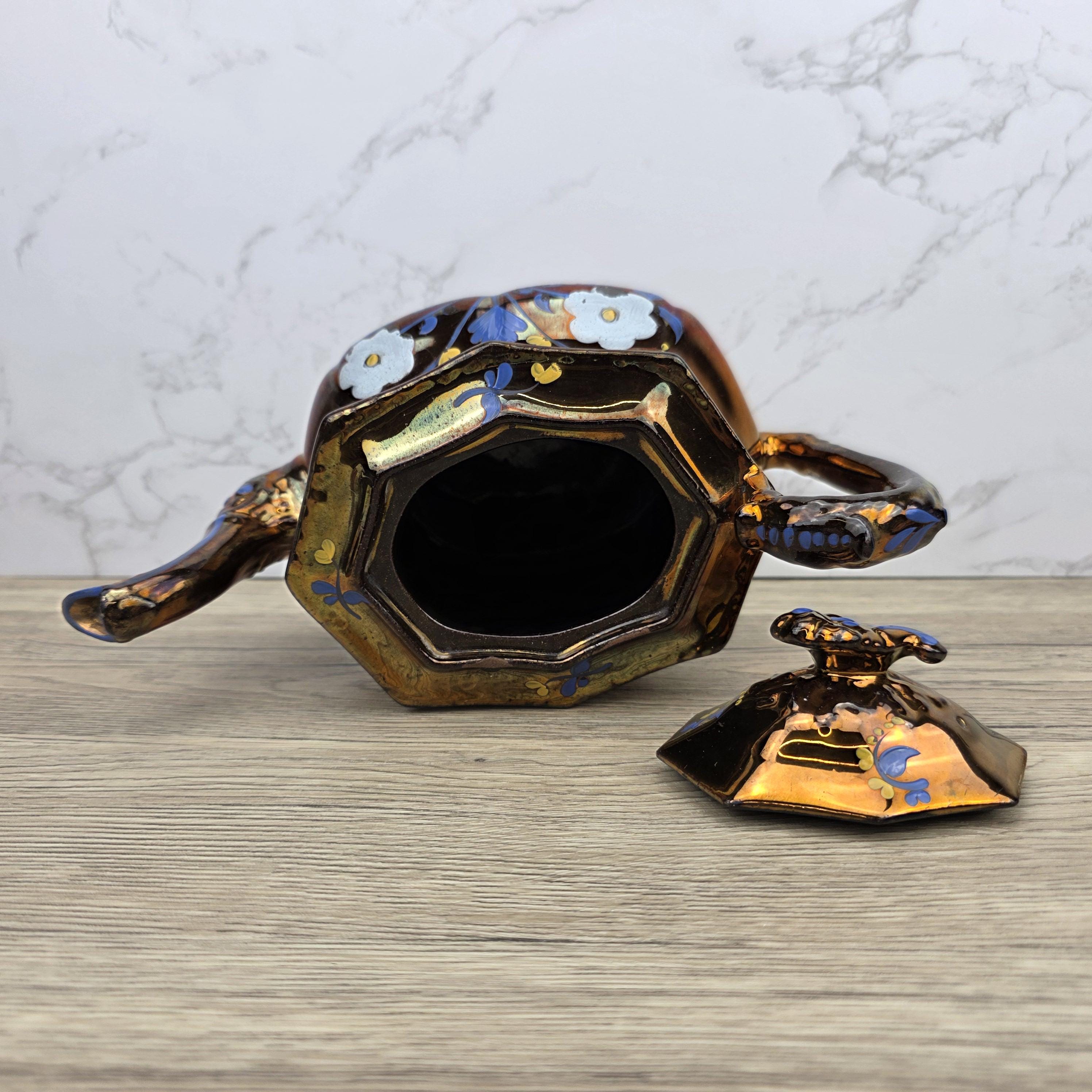 Copper Lustre Octagonal Ceramic Teapot with Lid Hand Painted Blue Floral Pattern Vintage Serveware