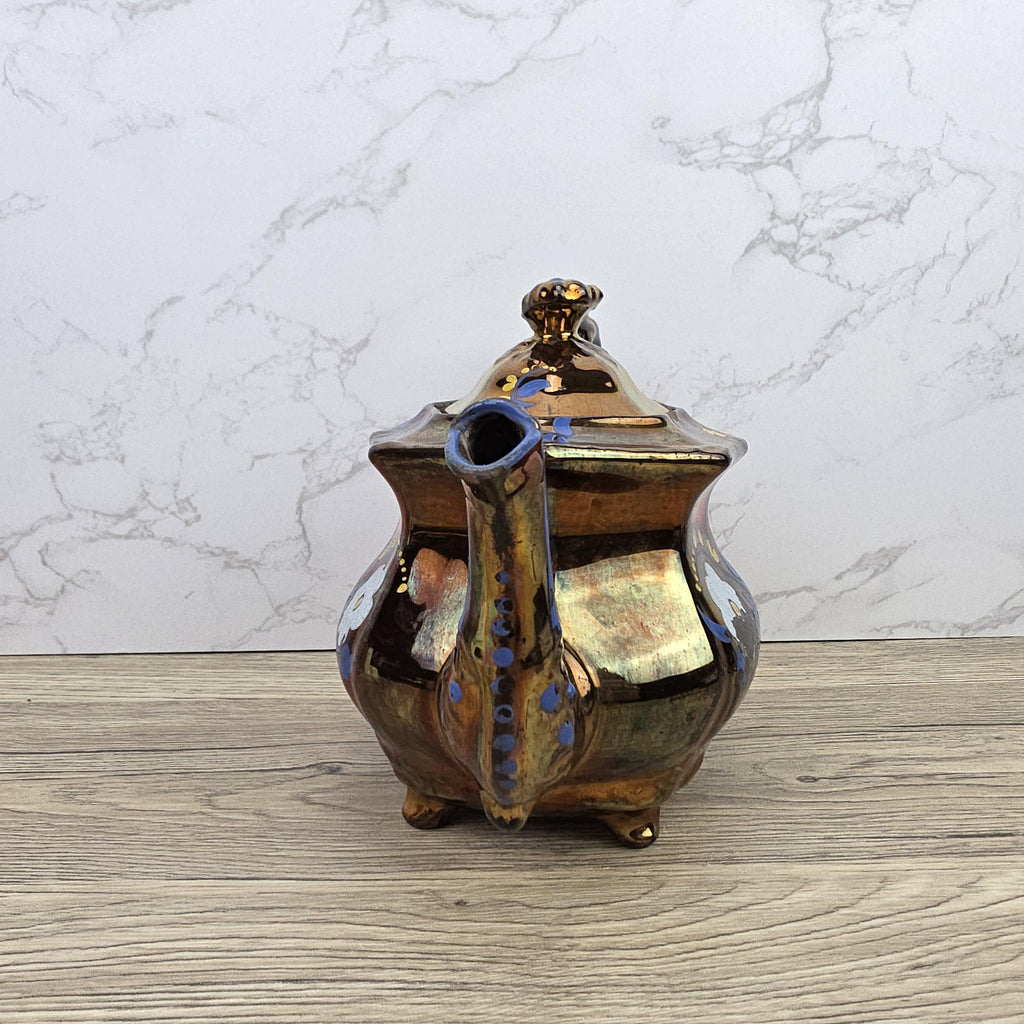 Copper Lustre Octagonal Ceramic Teapot with Lid Hand Painted Blue Floral Pattern Vintage Serveware