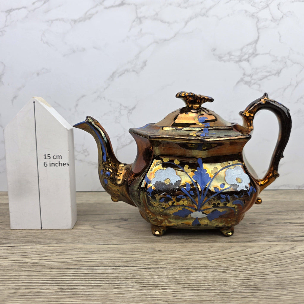 Copper Lustre Octagonal Ceramic Teapot with Lid Hand Painted Blue Floral Pattern Vintage Serveware