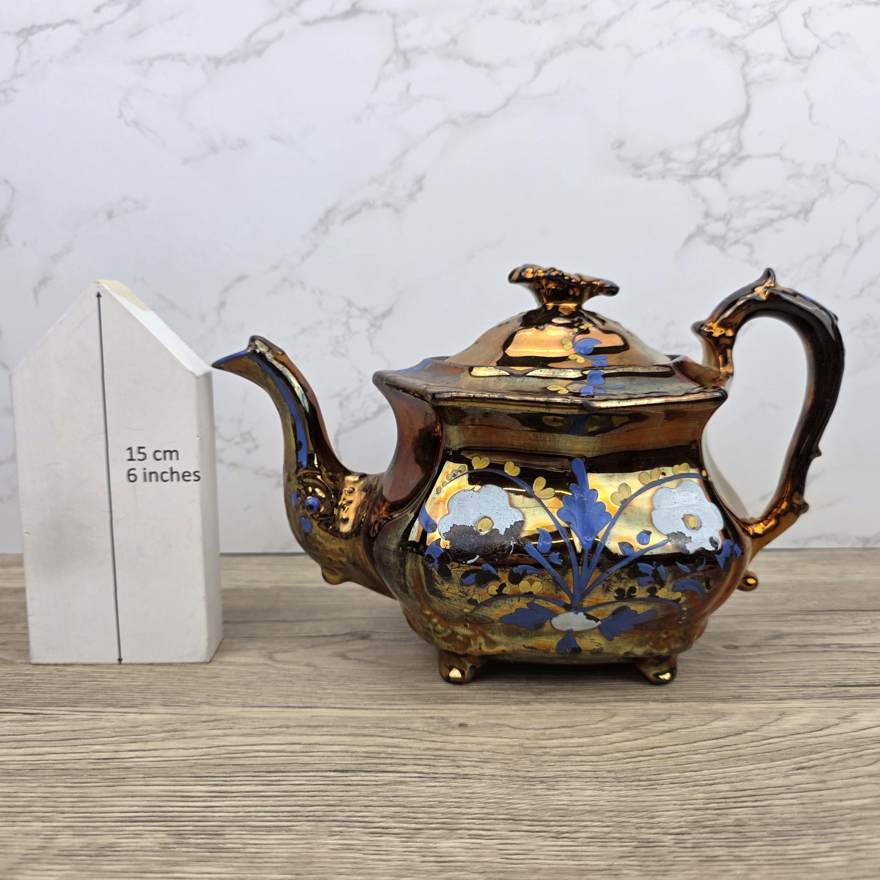 Copper Lustre Octagonal Ceramic Teapot with Lid Hand Painted Blue Floral Pattern Vintage Serveware