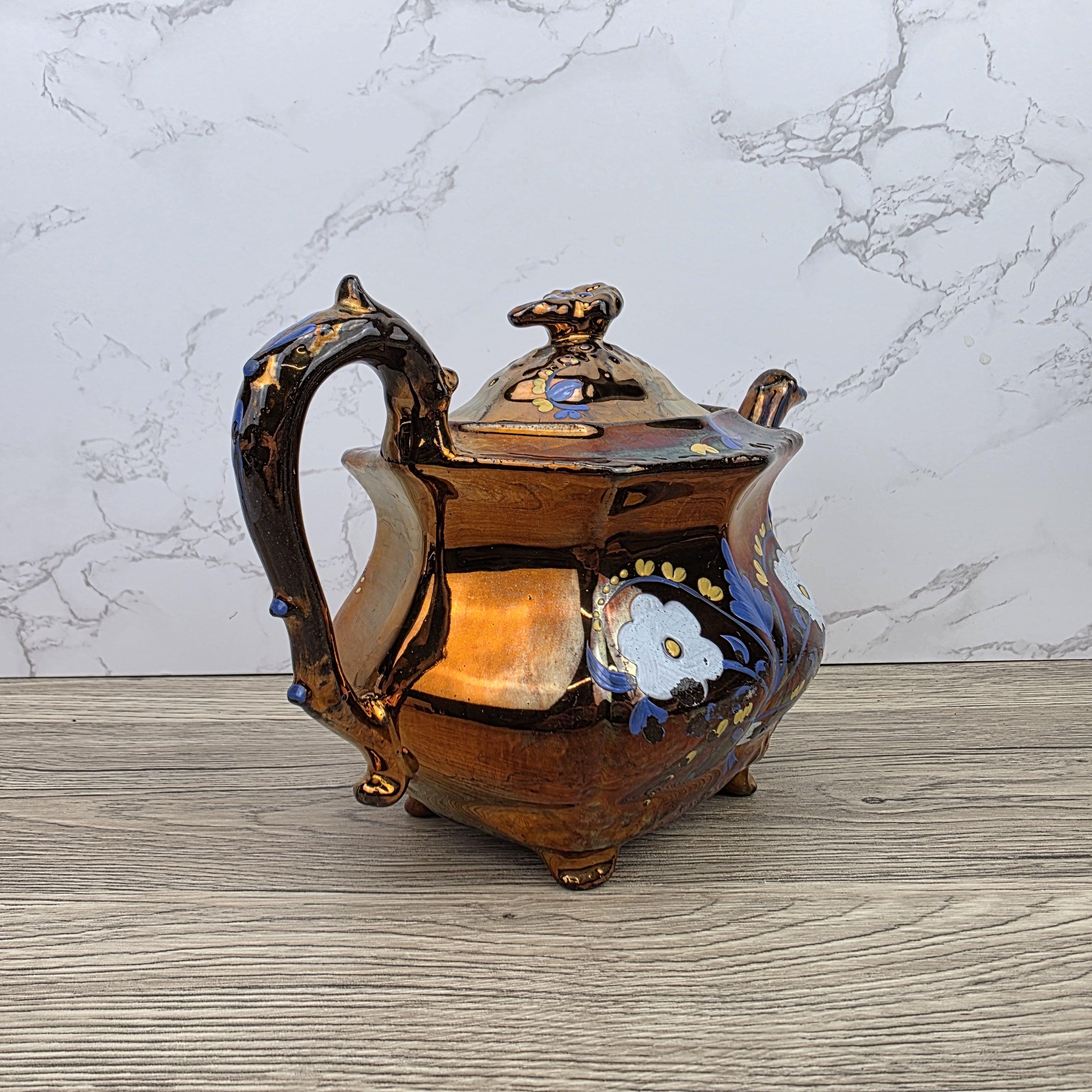 Copper Lustre Octagonal Ceramic Teapot with Lid Hand Painted Blue Floral Pattern Vintage Serveware