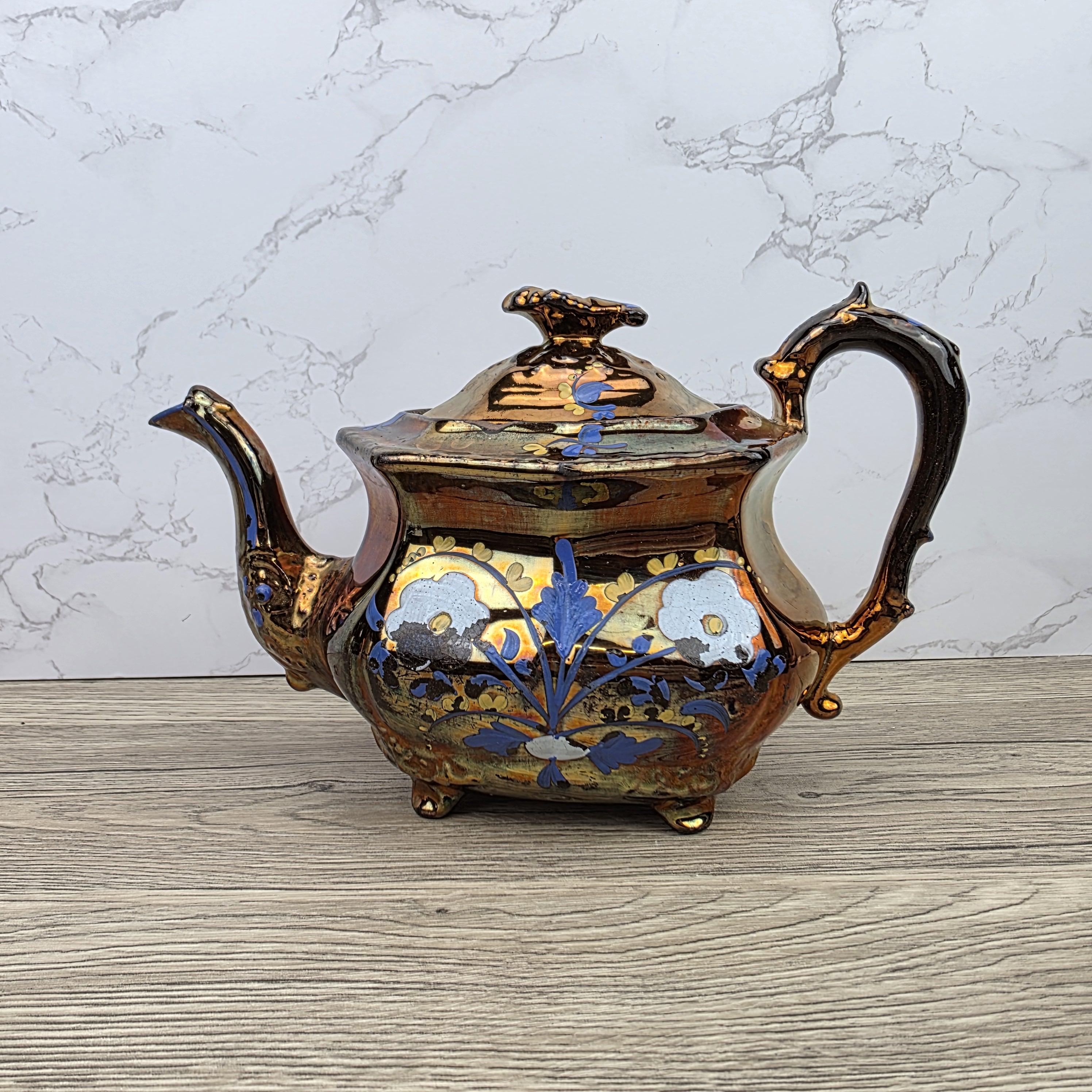 Copper Lustre Octagonal Ceramic Teapot with Lid Hand Painted Blue Floral Pattern Vintage Serveware