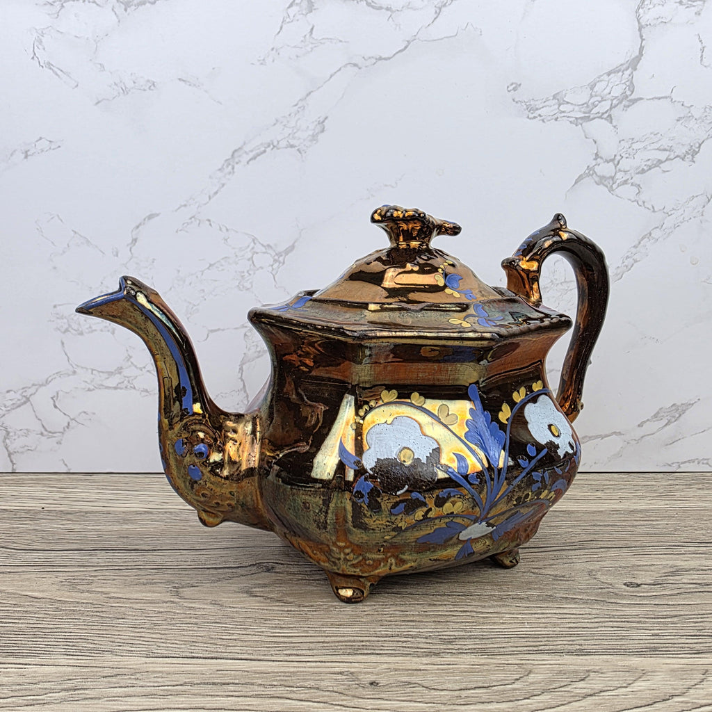 Copper Lustre Octagonal Ceramic Teapot with Lid Hand Painted Blue Floral Pattern Vintage Serveware