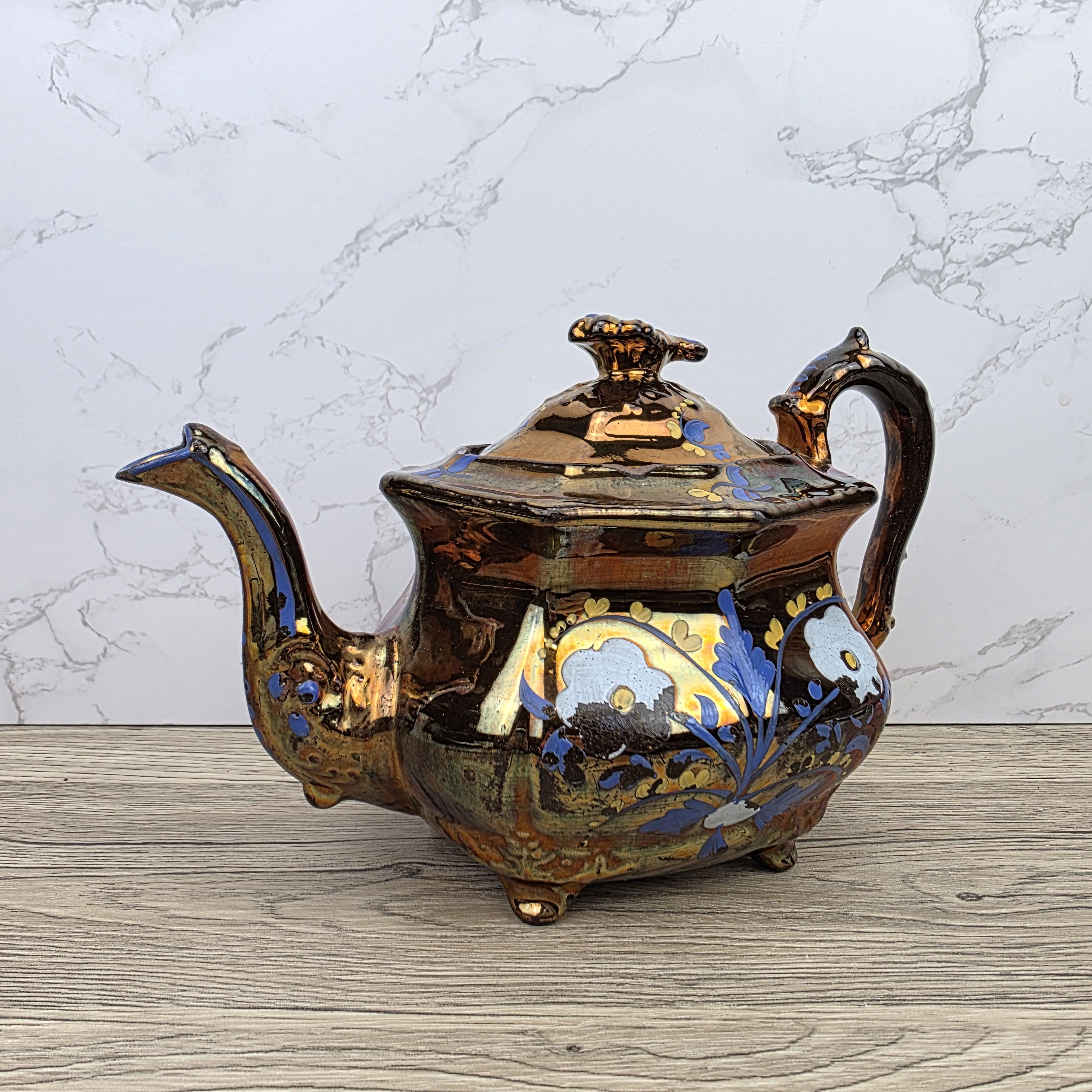Copper Lustre Octagonal Ceramic Teapot with Lid Hand Painted Blue Floral Pattern Vintage Serveware