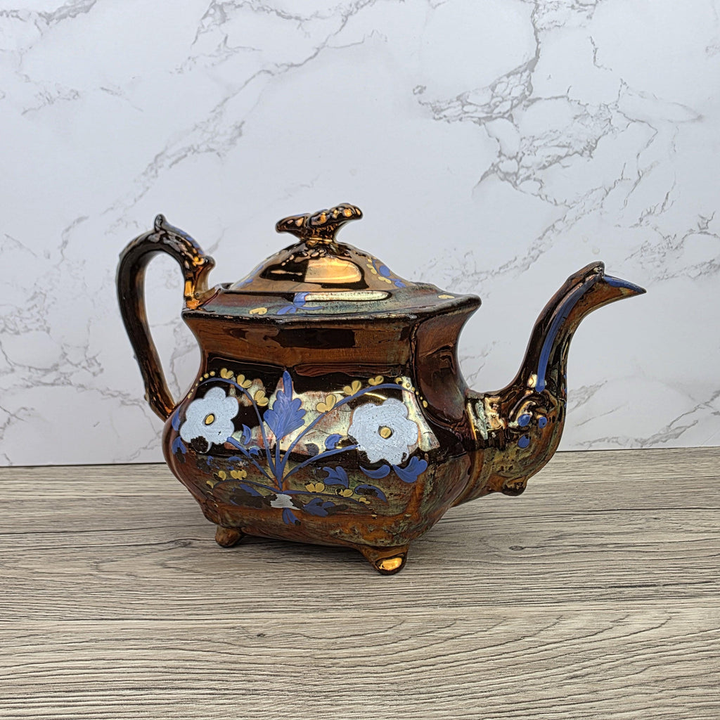 Copper Lustre Octagonal Ceramic Teapot with Lid Hand Painted Blue Floral Pattern Vintage Serveware