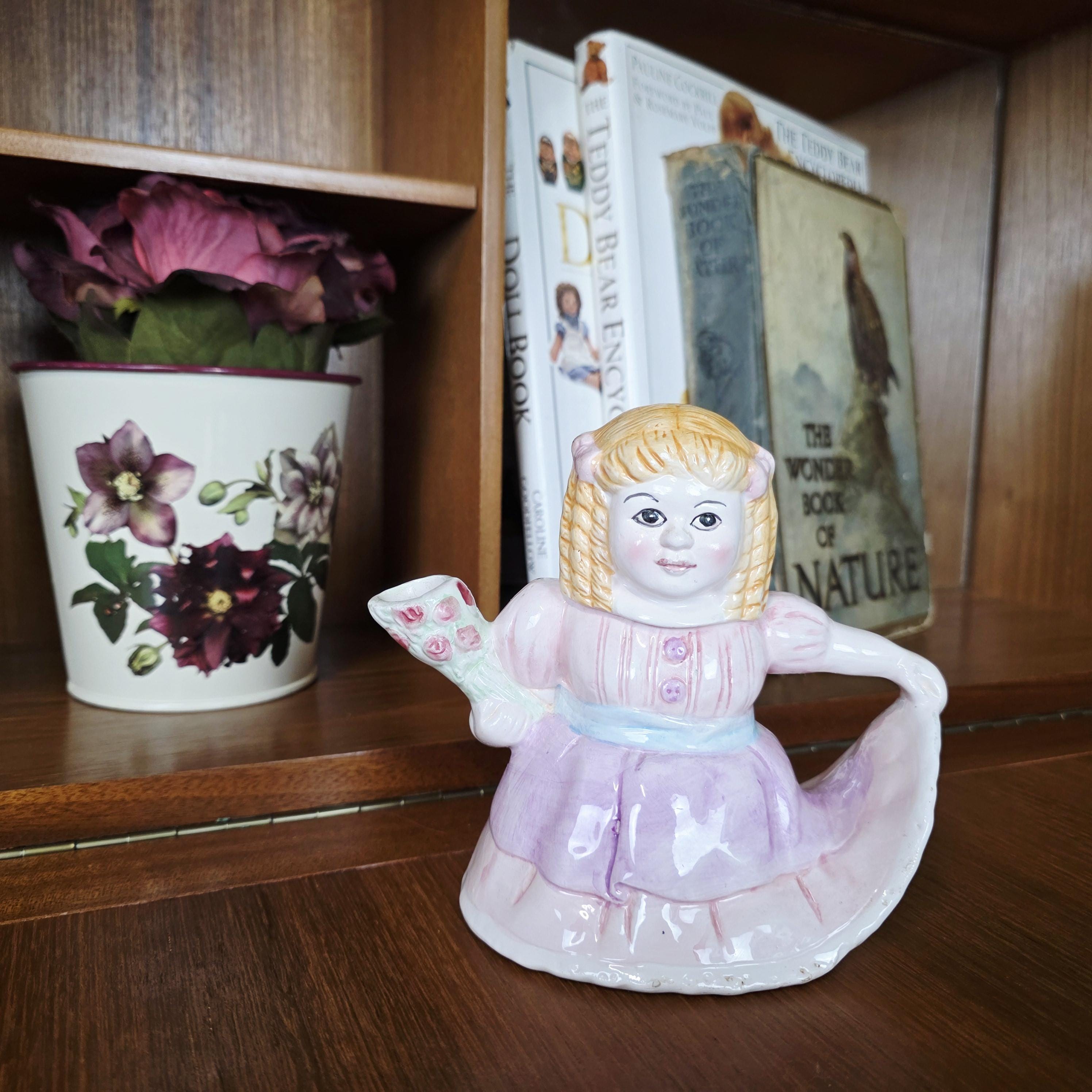 Vintage Ceramic Girl Teapot with Lid Pastel Pink Dress Figurine Style Collectible Tea Serveware