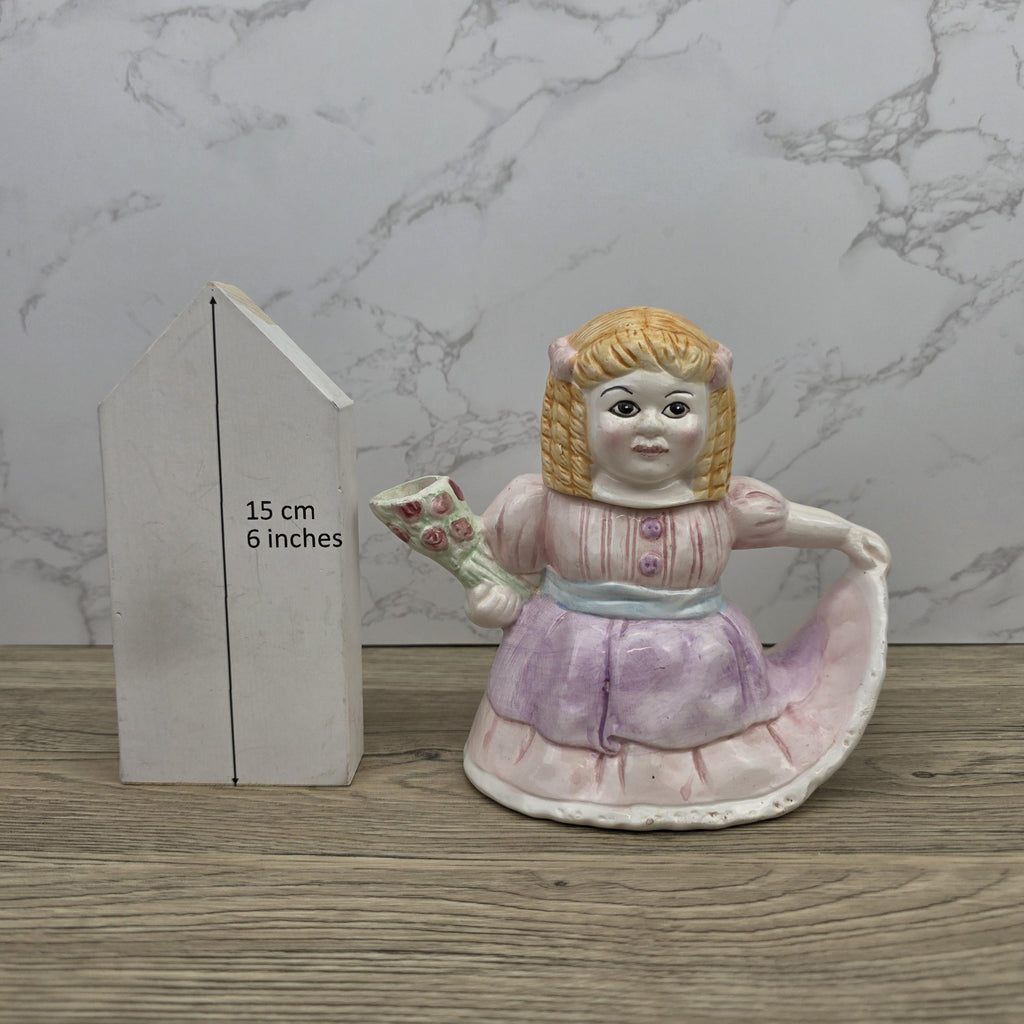 Vintage Ceramic Girl Teapot with Lid Pastel Pink Dress Figurine Style Collectible Tea Serveware