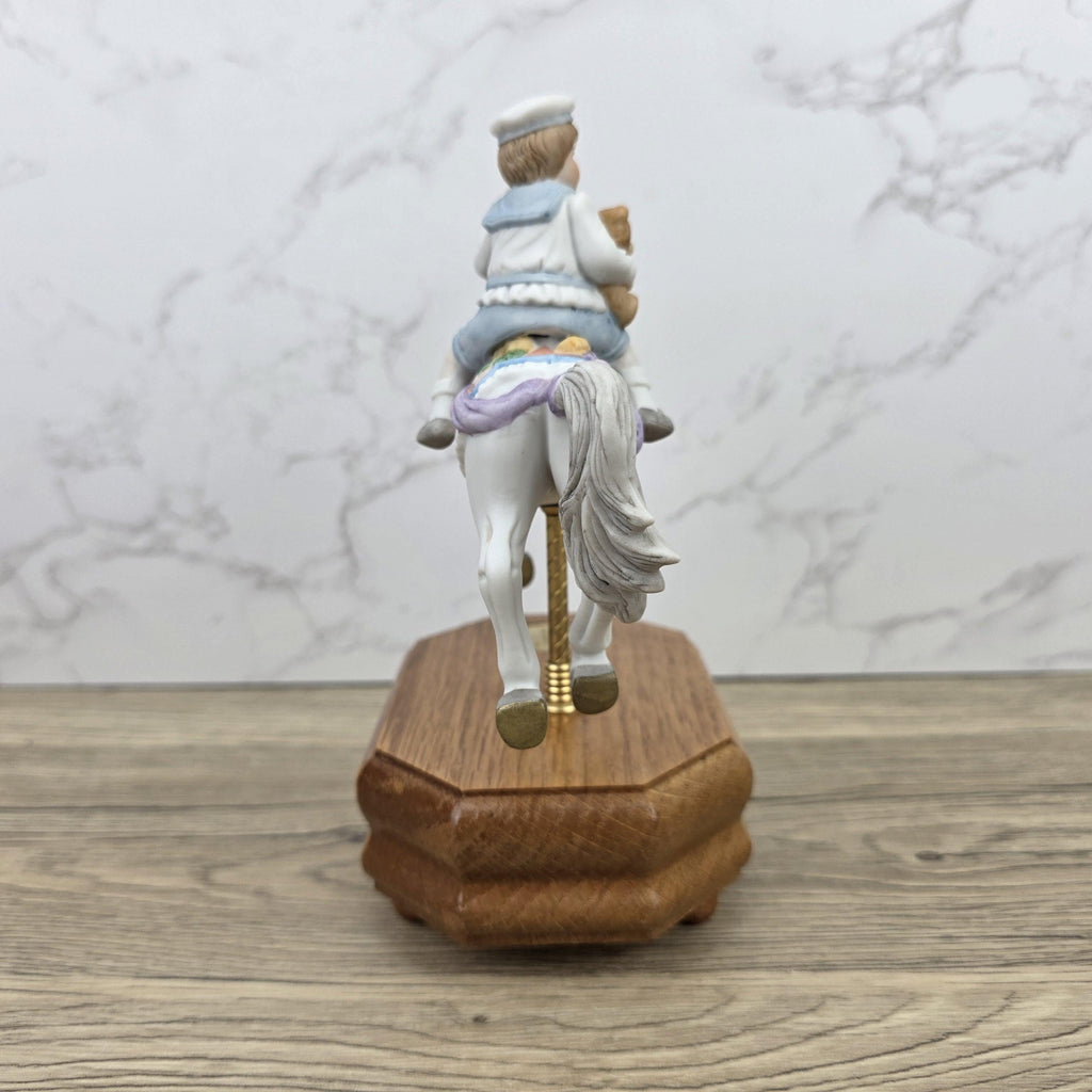Carousel Horse Music Box Figurine with Child Rider | Vintage Wooden Base Wind Up Sculpture