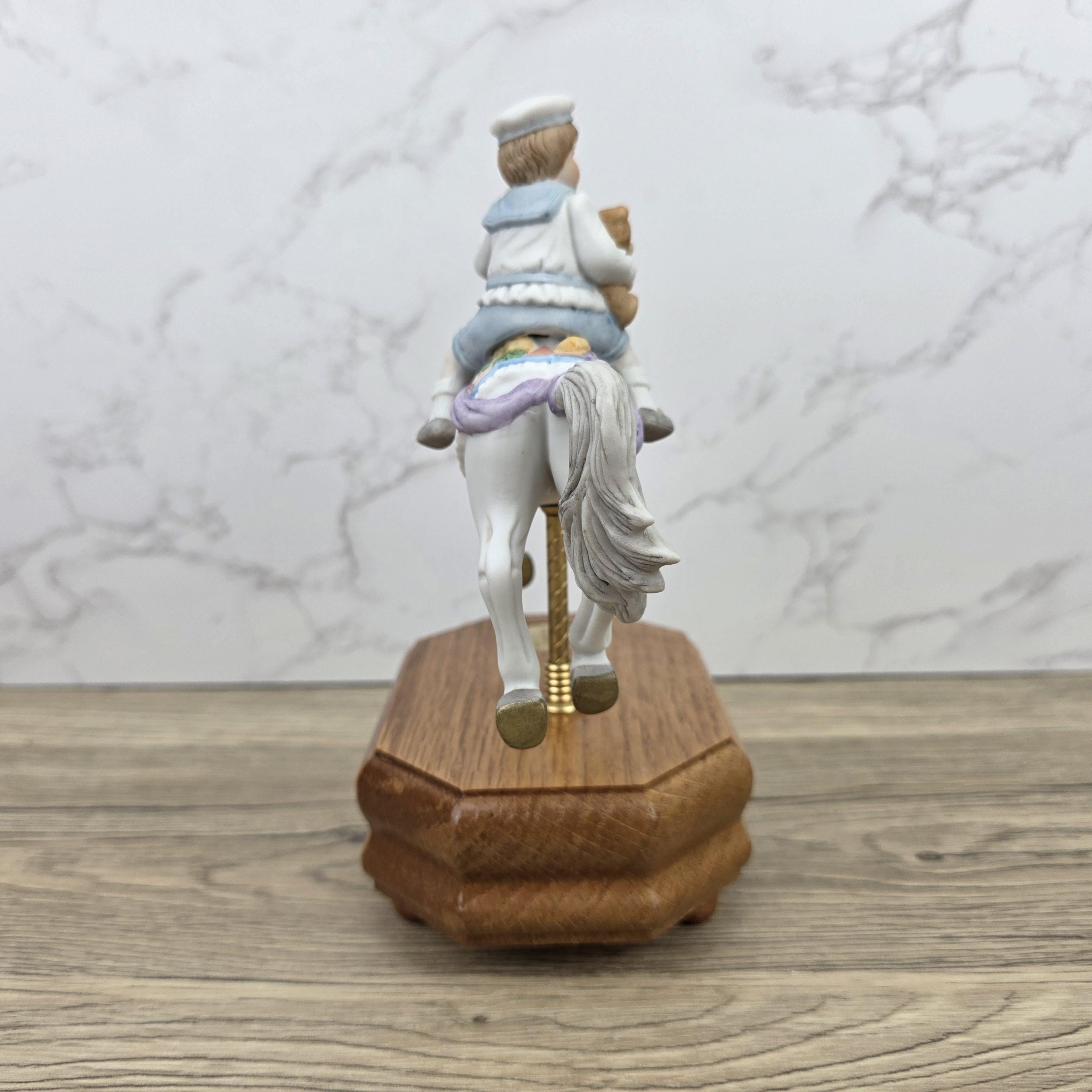 Carousel Horse Music Box Figurine with Child Rider | Vintage Wooden Base Wind Up Sculpture