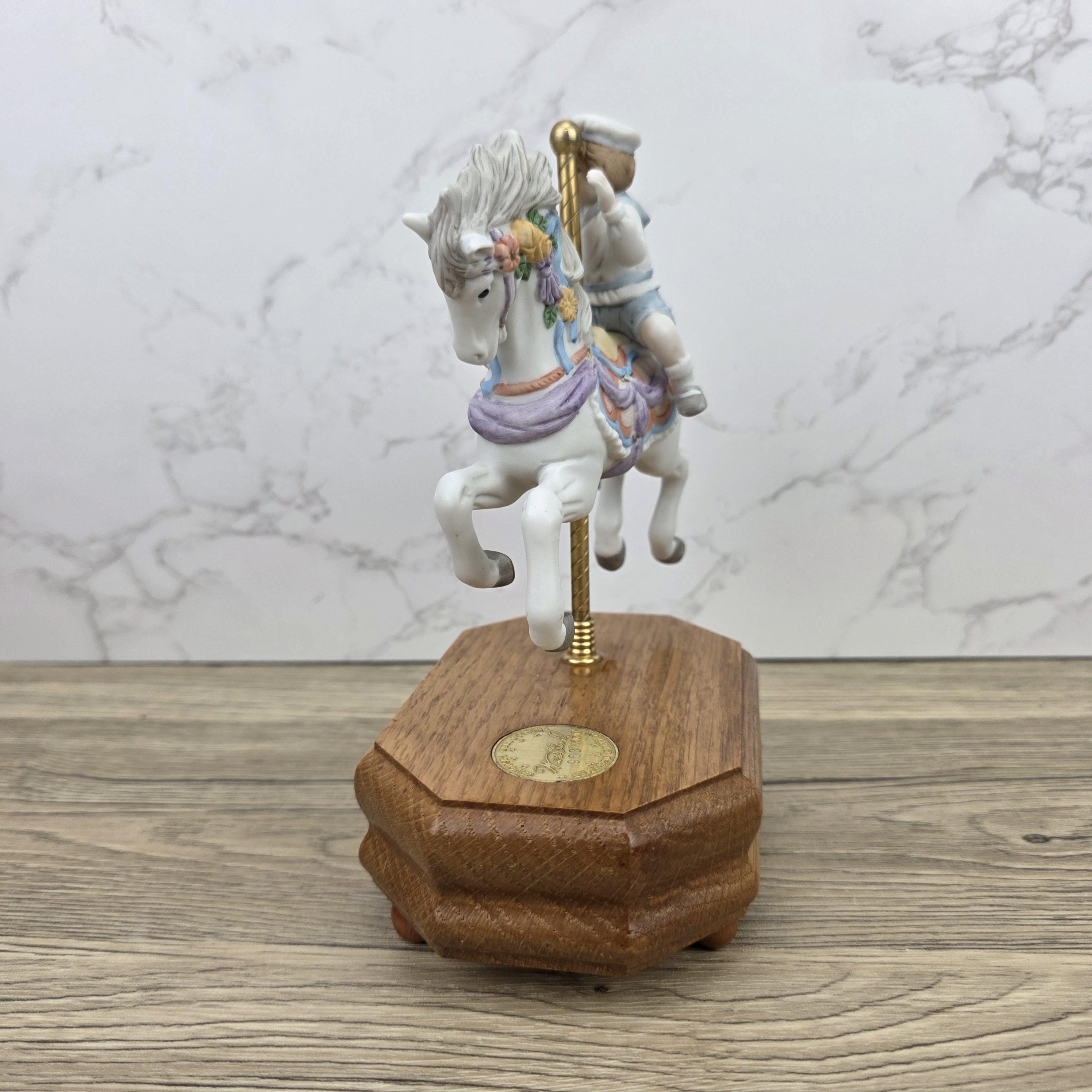 Carousel Horse Music Box Figurine with Child Rider | Vintage Wooden Base Wind Up Sculpture