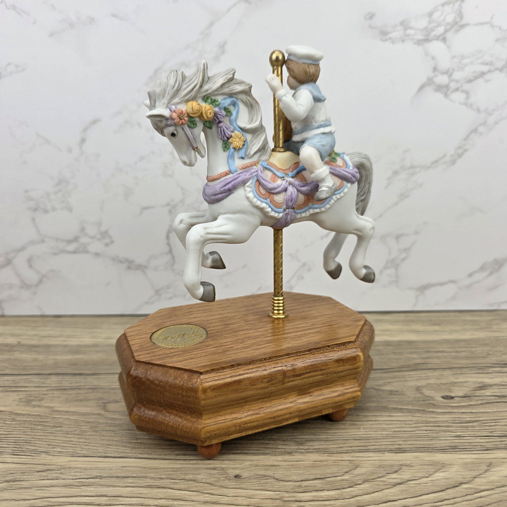 Carousel Horse Music Box Figurine with Child Rider | Vintage Wooden Base Wind Up Sculpture