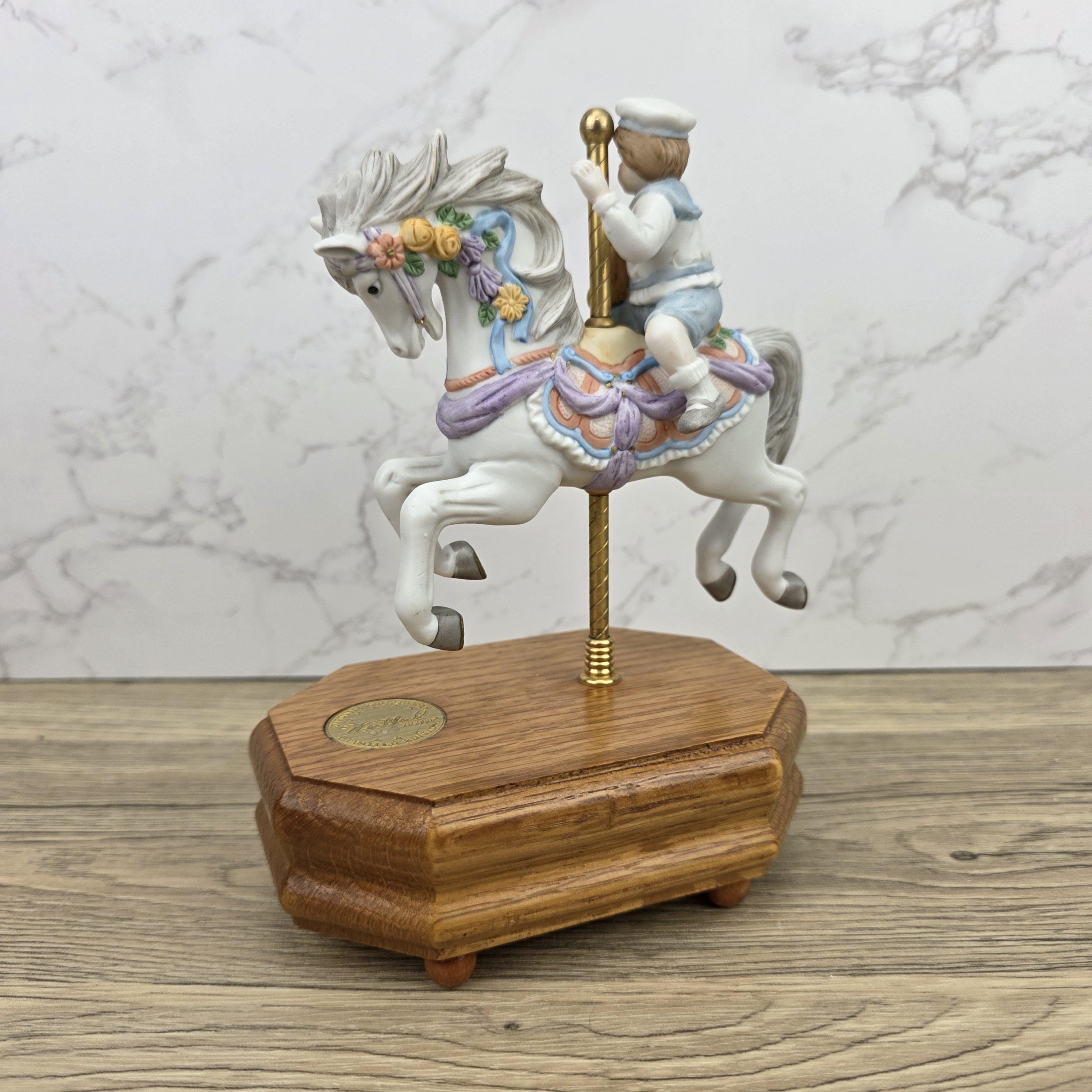 Carousel Horse Music Box Figurine with Child Rider | Vintage Wooden Base Wind Up Sculpture