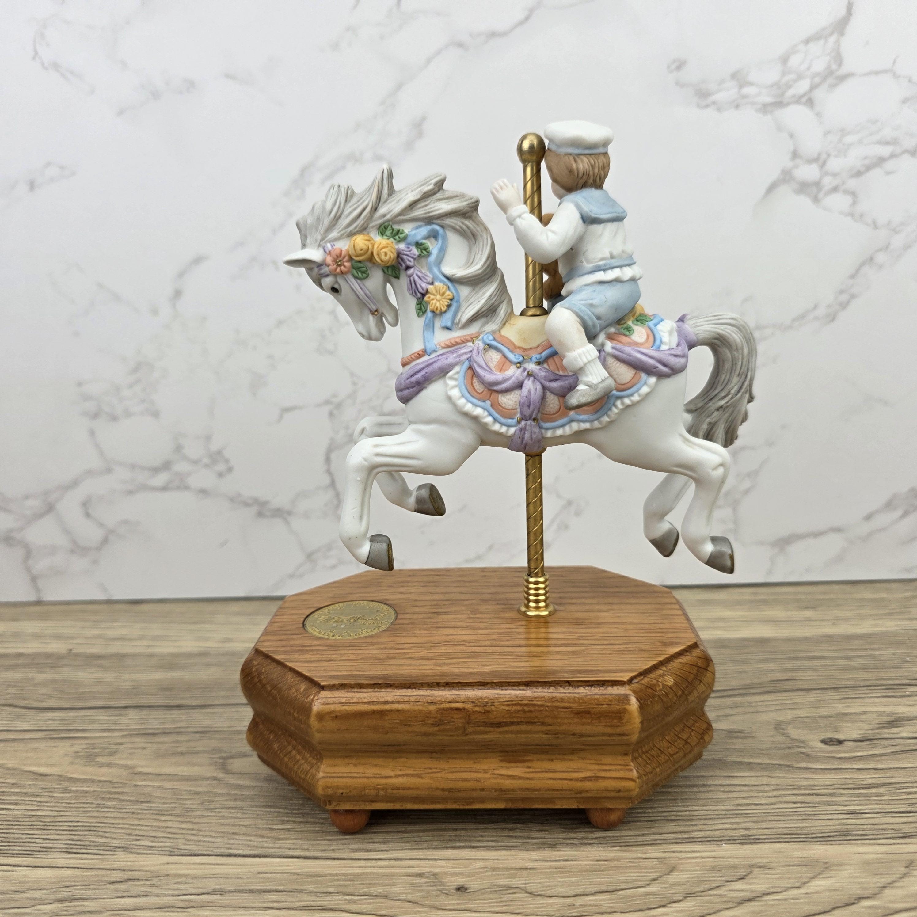 Carousel Horse Music Box Figurine with Child Rider | Vintage Wooden Base Wind Up Sculpture