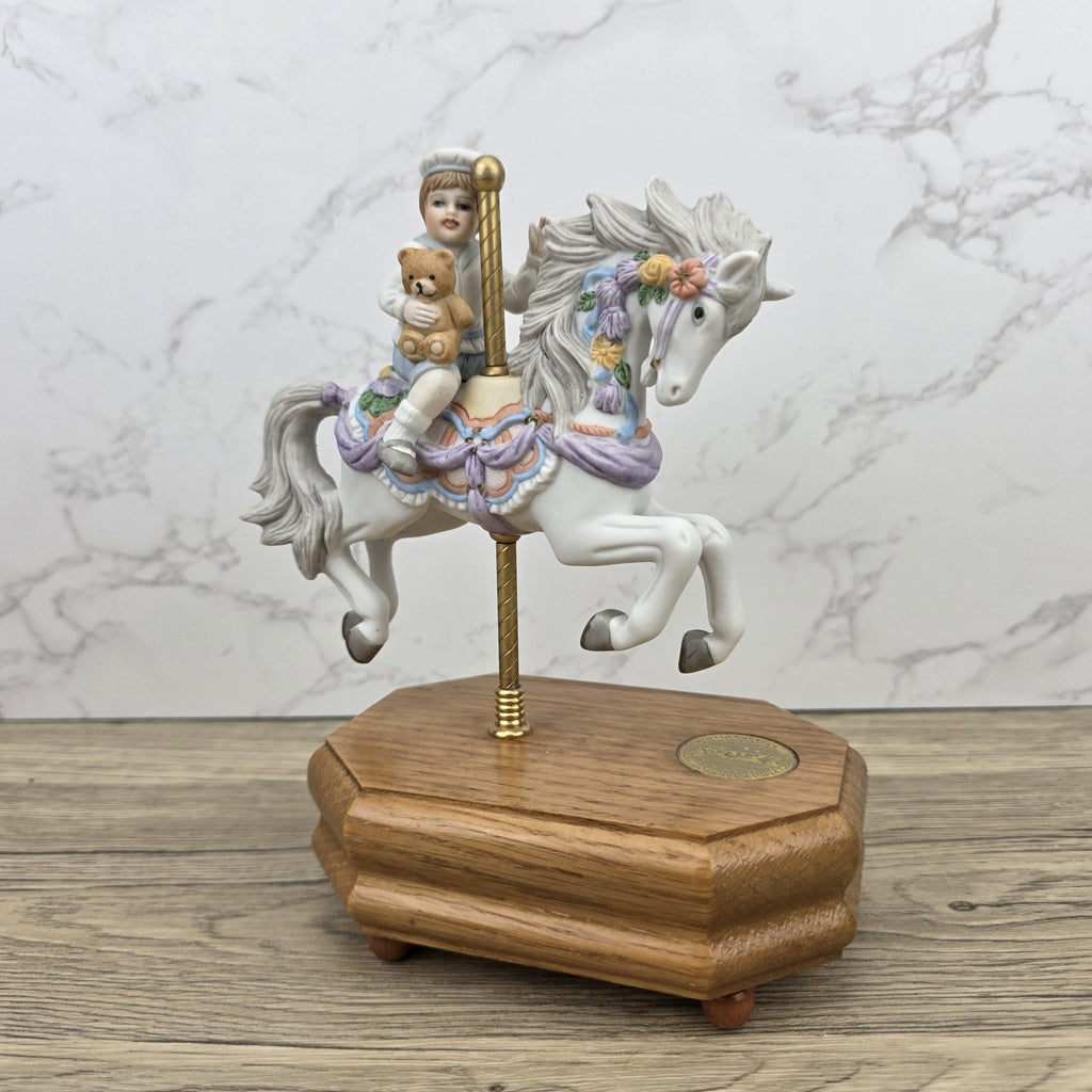 Carousel Horse Music Box Figurine with Child Rider | Vintage Wooden Base Wind Up Sculpture