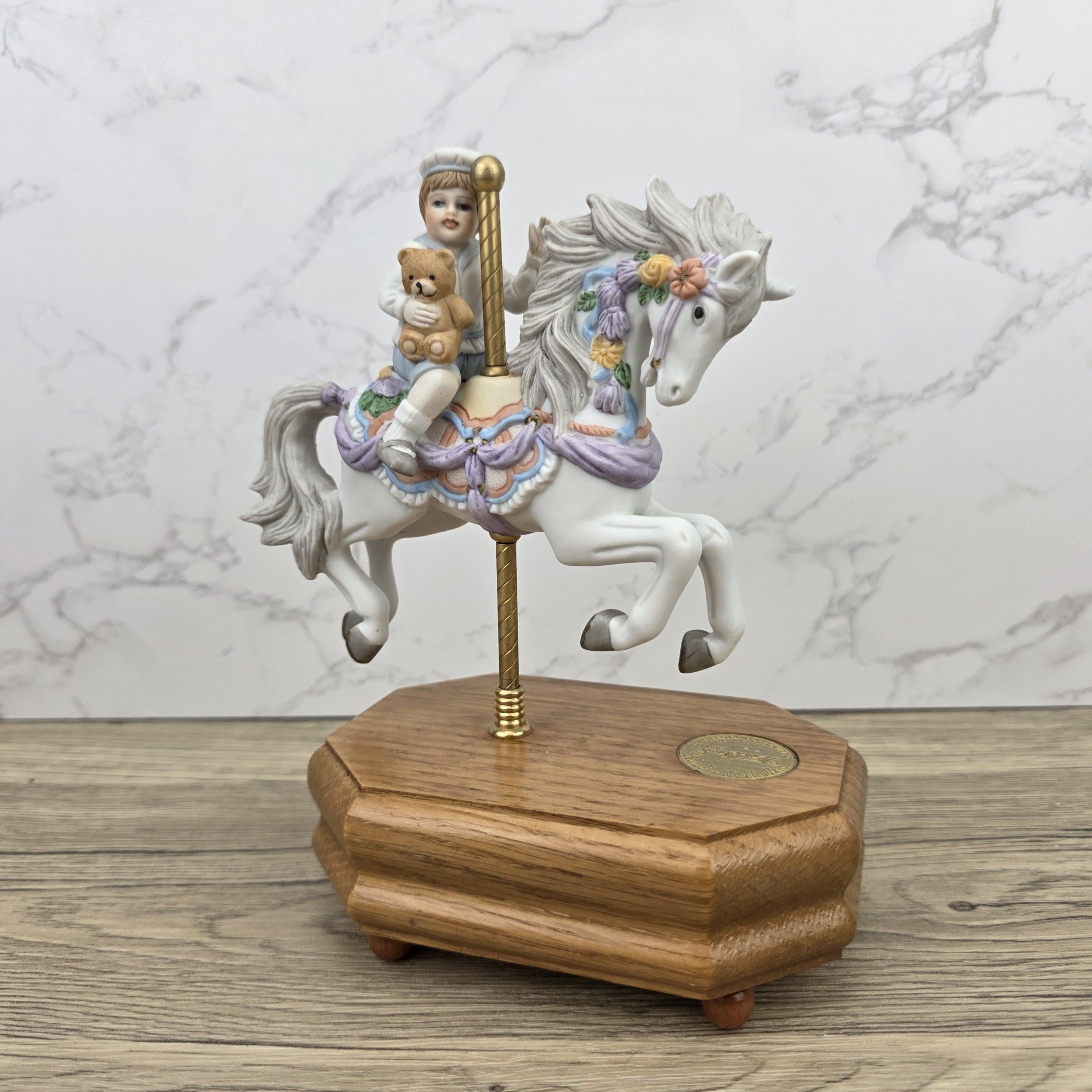 Carousel Horse Music Box Figurine with Child Rider | Vintage Wooden Base Wind Up Sculpture