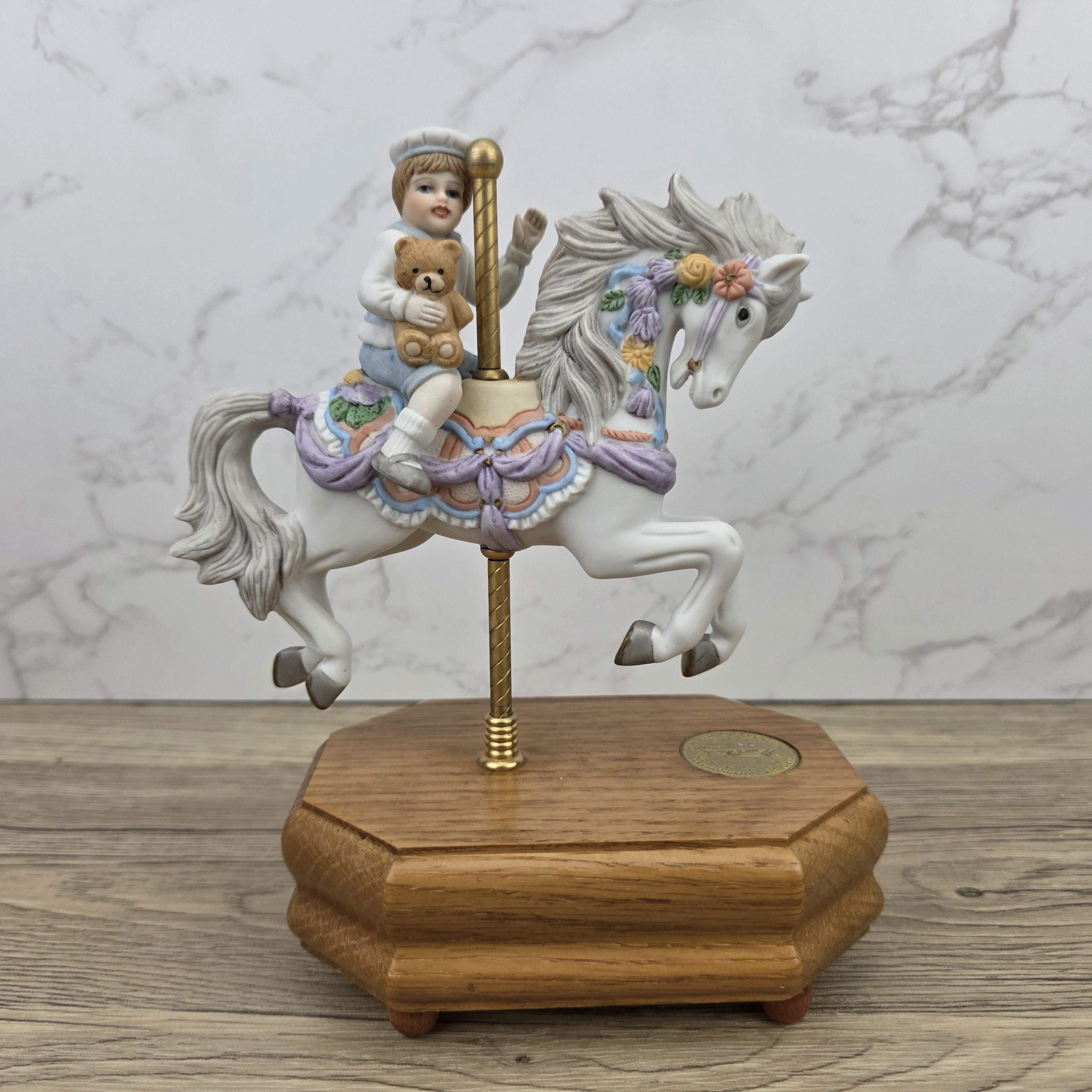Carousel Horse Music Box Figurine with Child Rider | Vintage Wooden Base Wind Up Sculpture