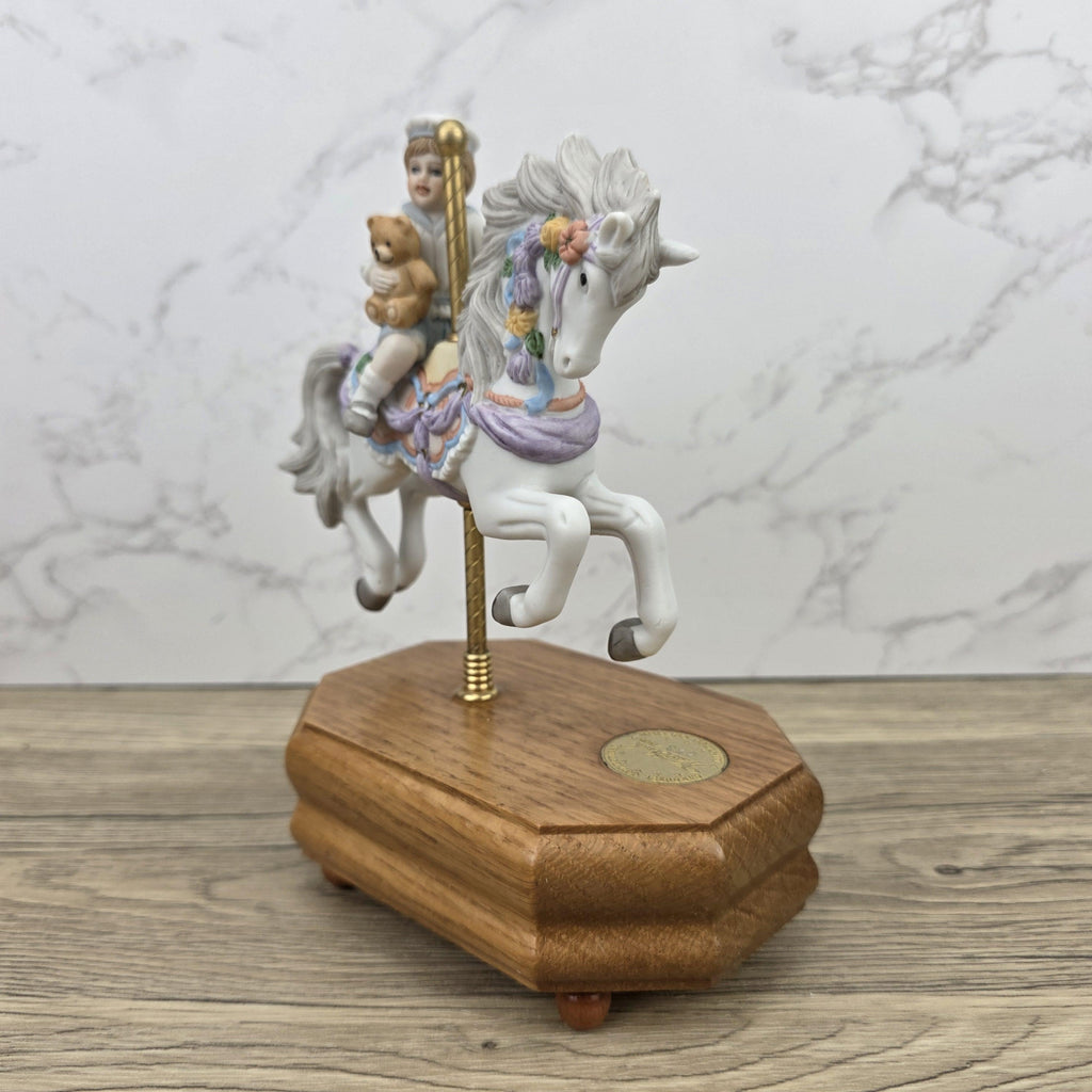 Carousel Horse Music Box Figurine with Child Rider | Vintage Wooden Base Wind Up Sculpture