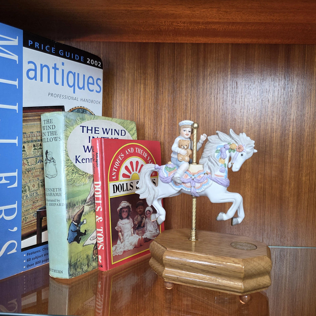 Carousel Horse Music Box Figurine with Child Rider | Vintage Wooden Base Wind Up Sculpture