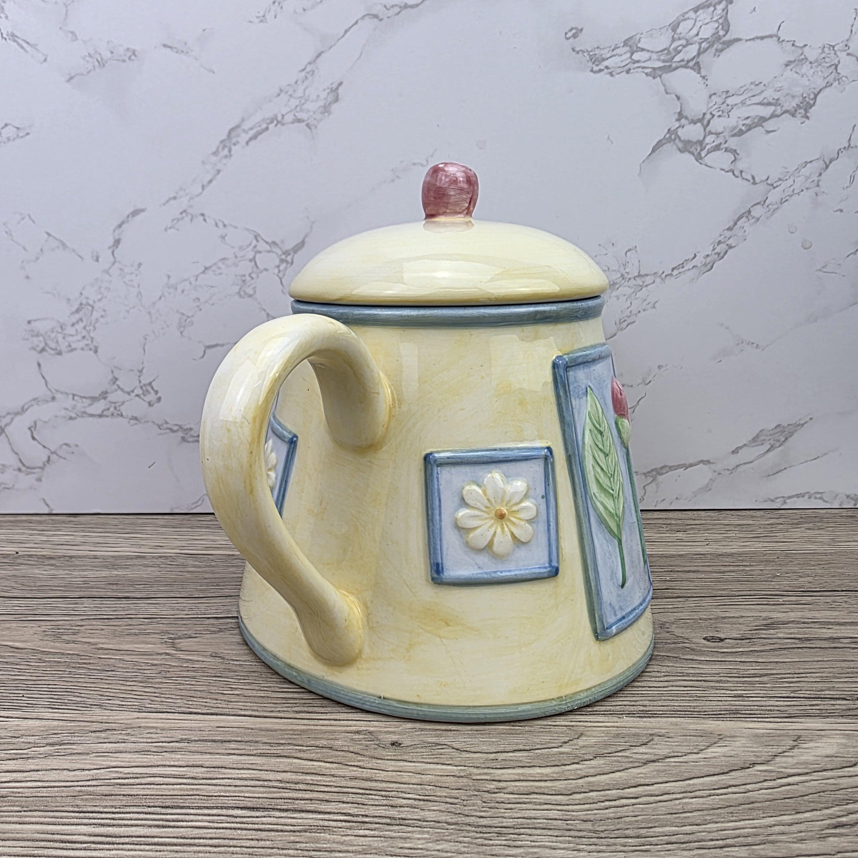 Ceramic Tea Pot Rayware Floral Relief Teapot Yellow Blue Cottage Kitchen Decor Collectible Teaware