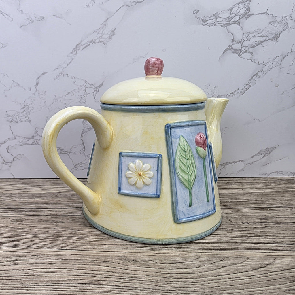 Ceramic Tea Pot Rayware Floral Relief Teapot Yellow Blue Cottage Kitchen Decor Collectible Teaware