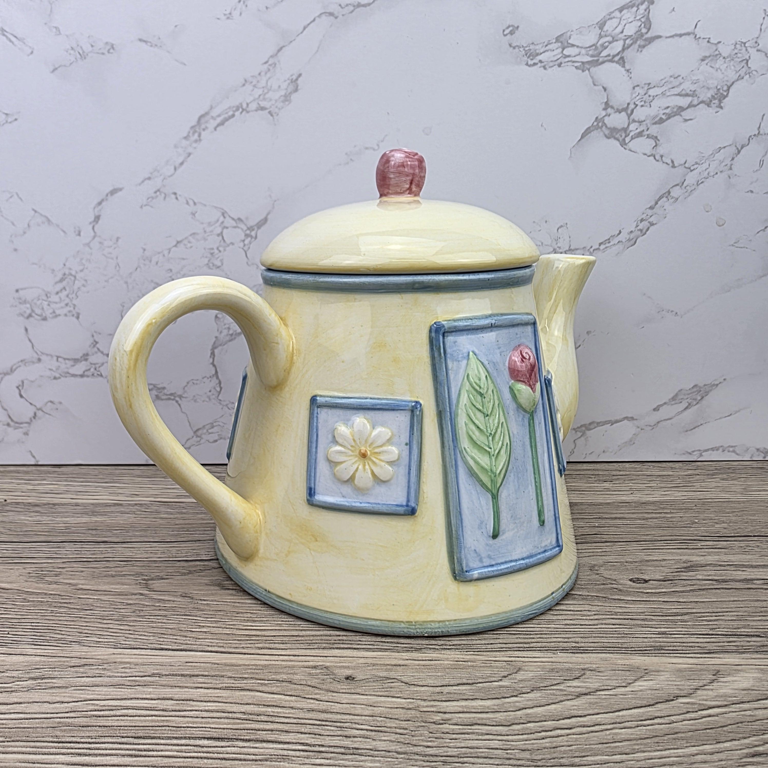 Ceramic Tea Pot Rayware Floral Relief Teapot Yellow Blue Cottage Kitchen Decor Collectible Teaware