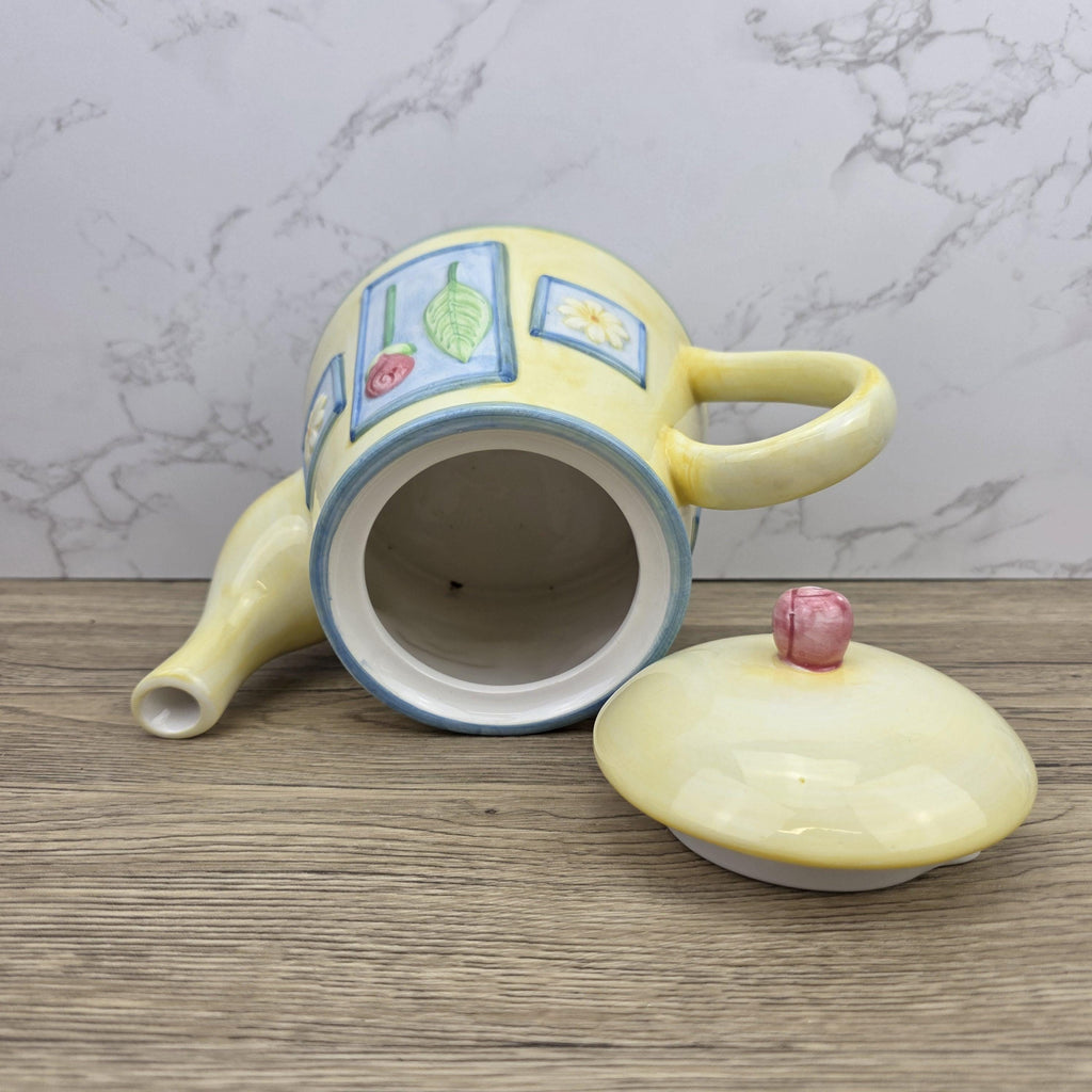 Ceramic Tea Pot Rayware Floral Relief Teapot Yellow Blue Cottage Kitchen Decor Collectible Teaware