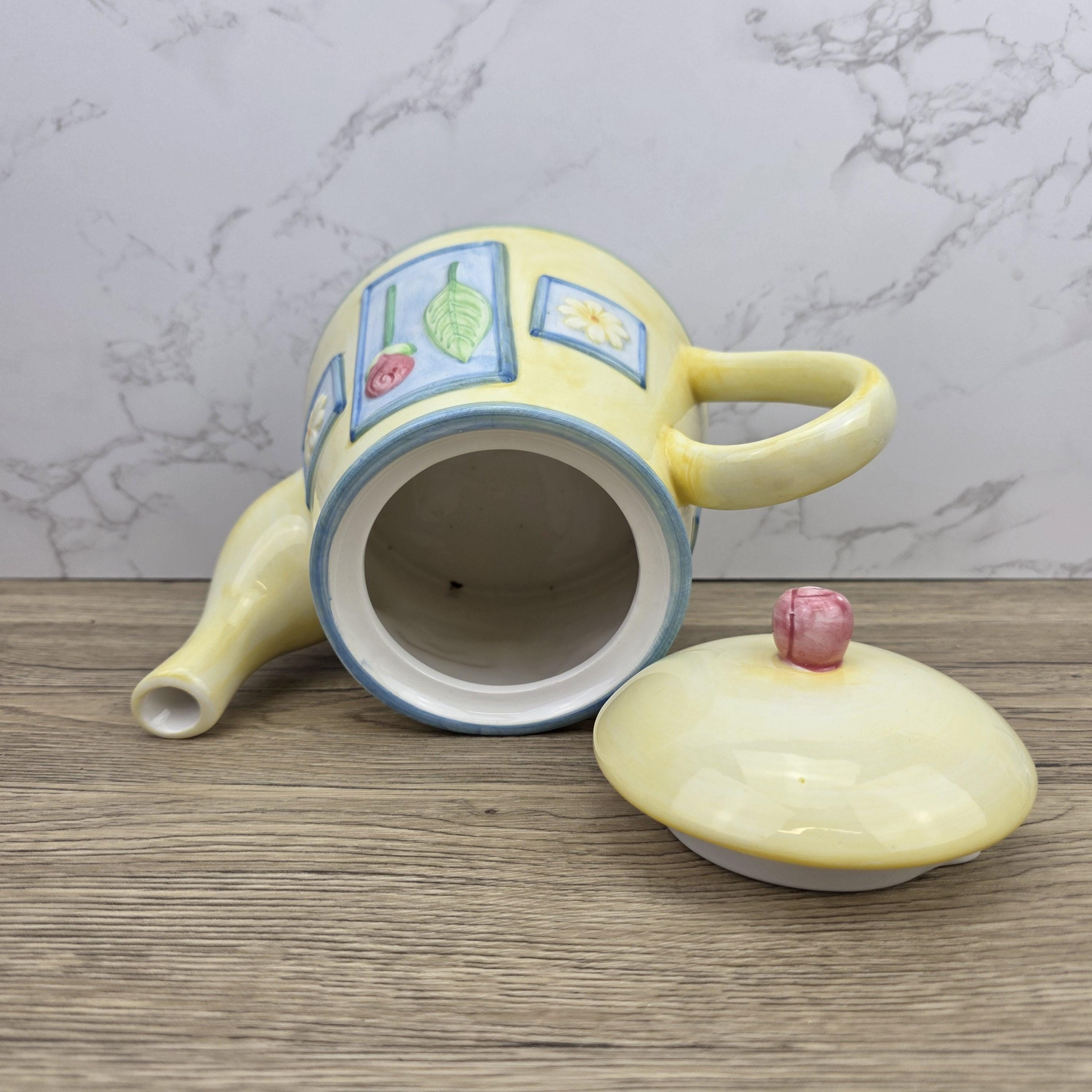 Ceramic Tea Pot Rayware Floral Relief Teapot Yellow Blue Cottage Kitchen Decor Collectible Teaware