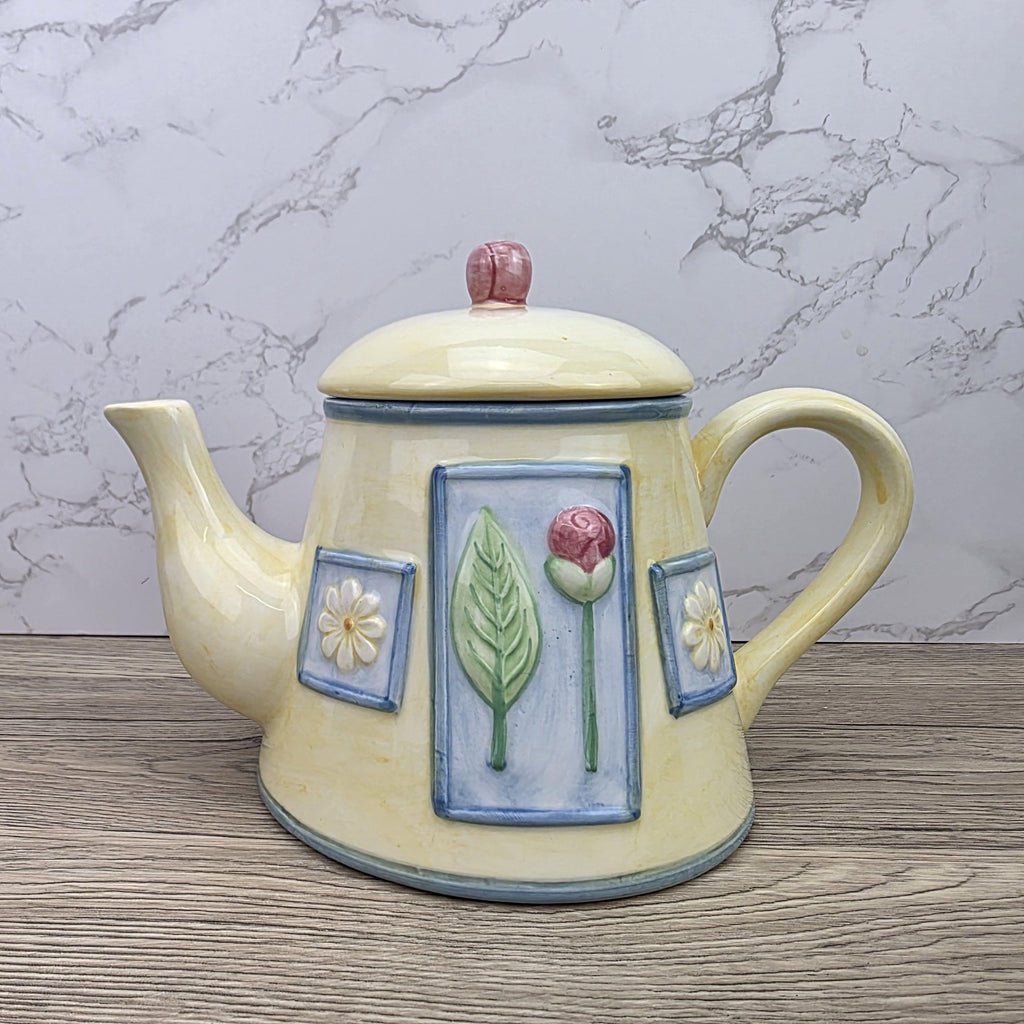 Ceramic Tea Pot Rayware Floral Relief Teapot Yellow Blue Cottage Kitchen Decor Collectible Teaware