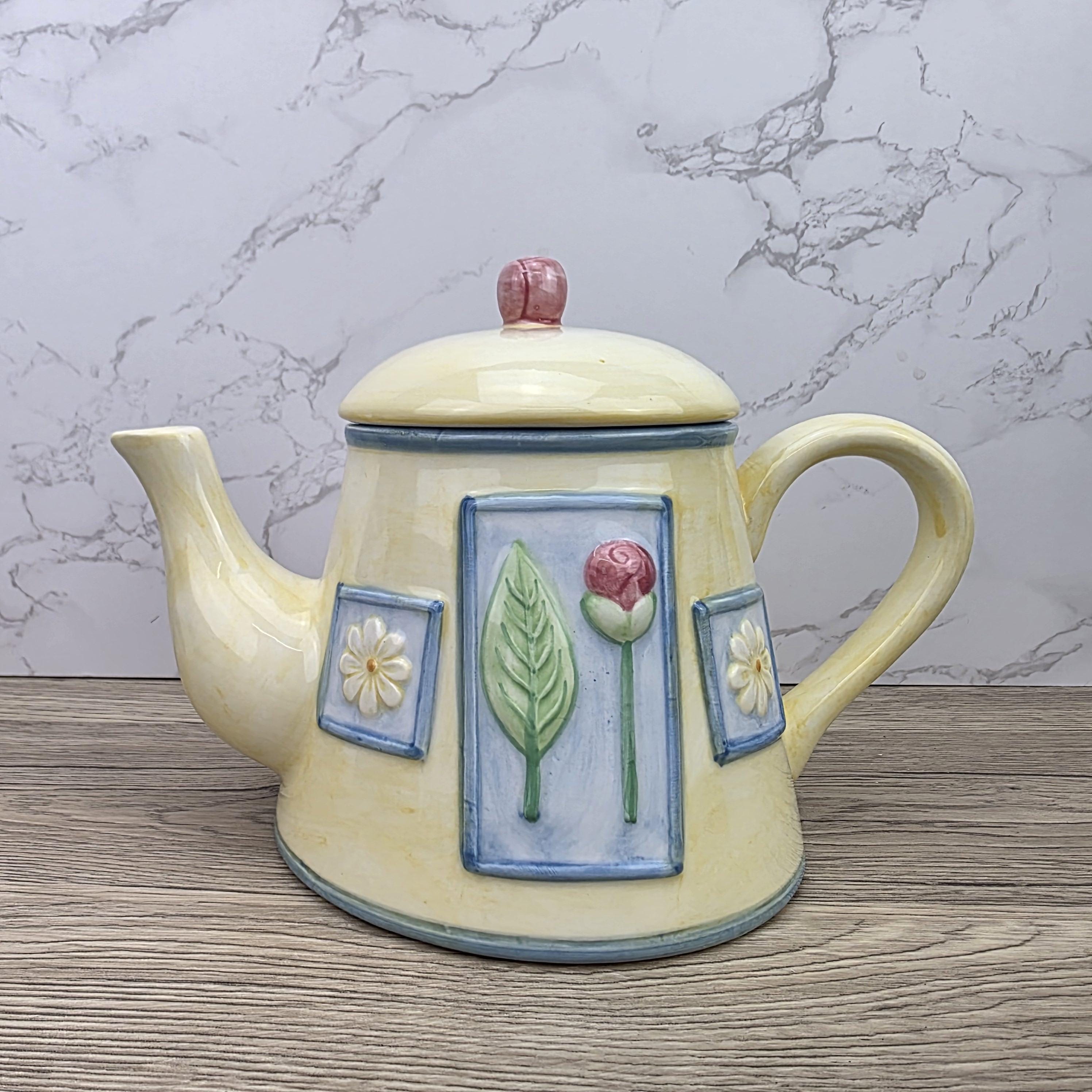 Ceramic Tea Pot Rayware Floral Relief Teapot Yellow Blue Cottage Kitchen Decor Collectible Teaware