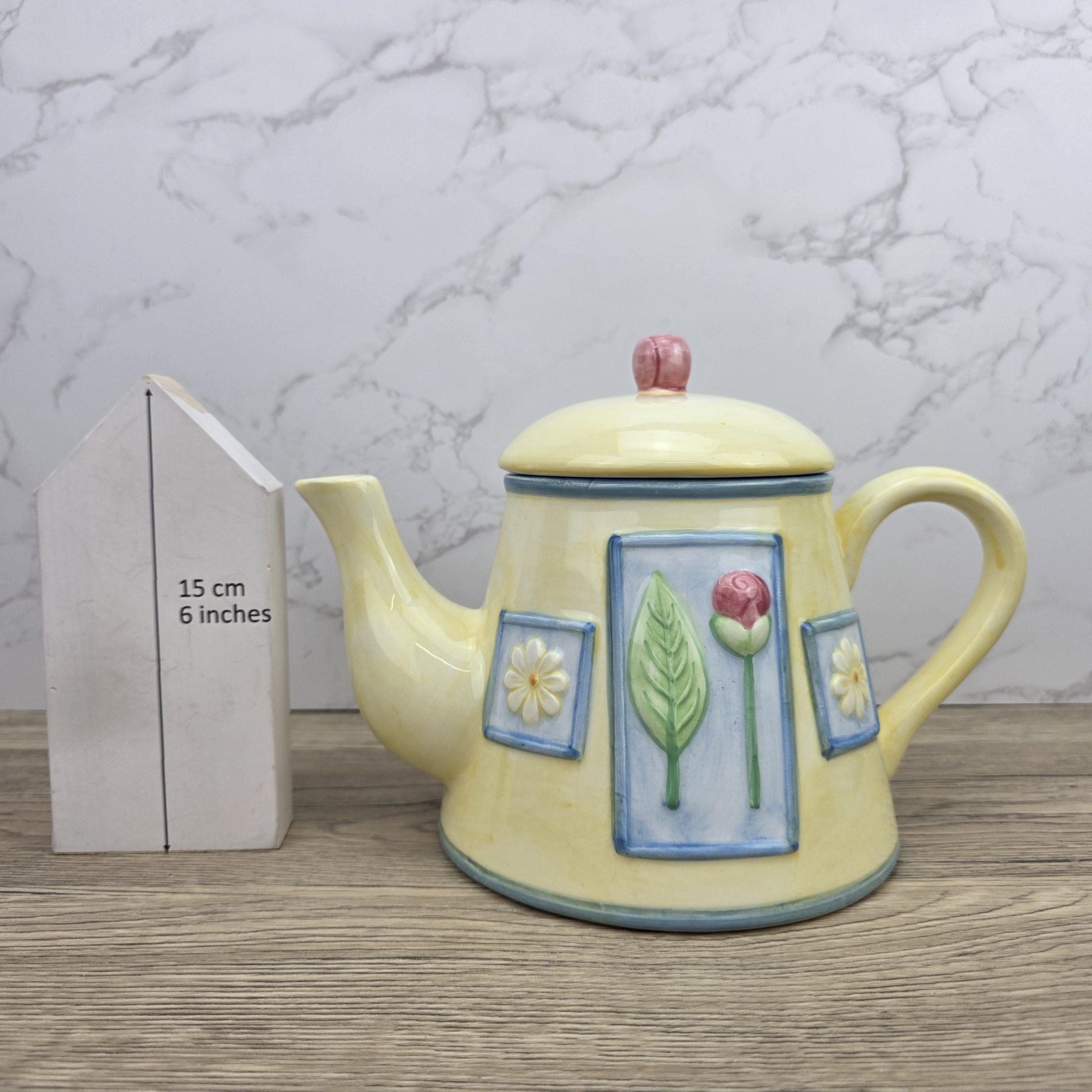 Ceramic Tea Pot Rayware Floral Relief Teapot Yellow Blue Cottage Kitchen Decor Collectible Teaware