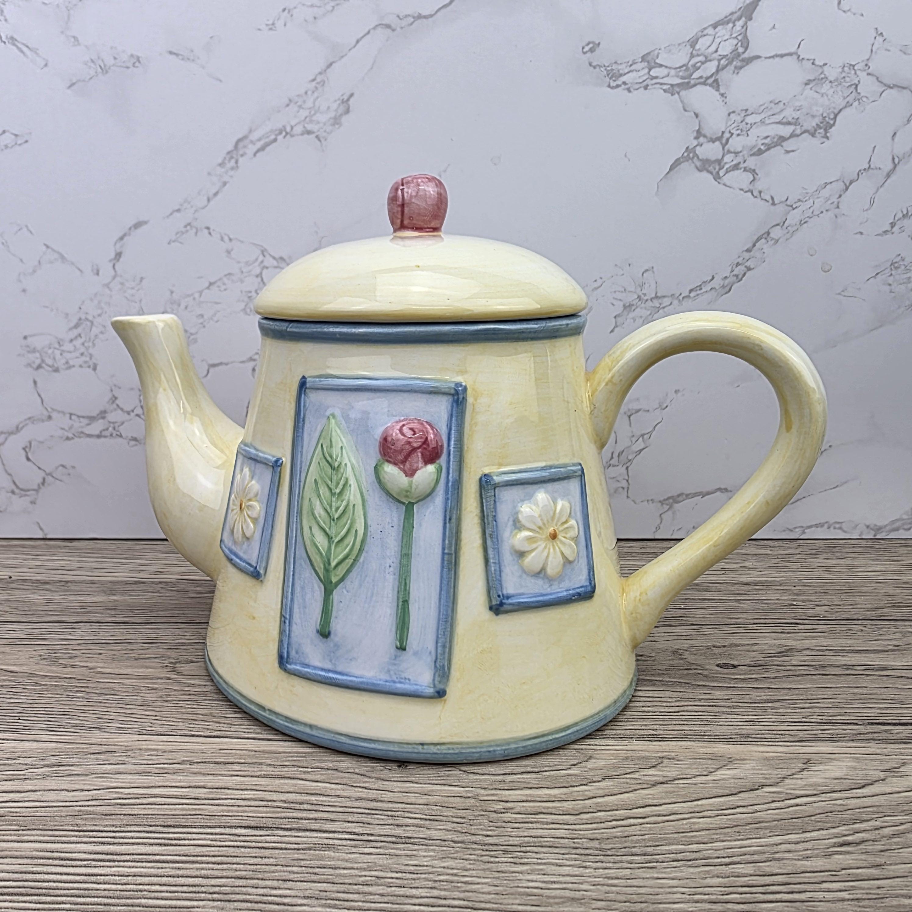 Ceramic Tea Pot Rayware Floral Relief Teapot Yellow Blue Cottage Kitchen Decor Collectible Teaware