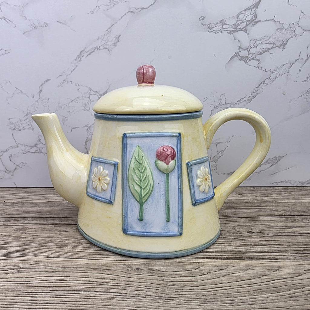 Ceramic Tea Pot Rayware Floral Relief Teapot Yellow Blue Cottage Kitchen Decor Collectible Teaware