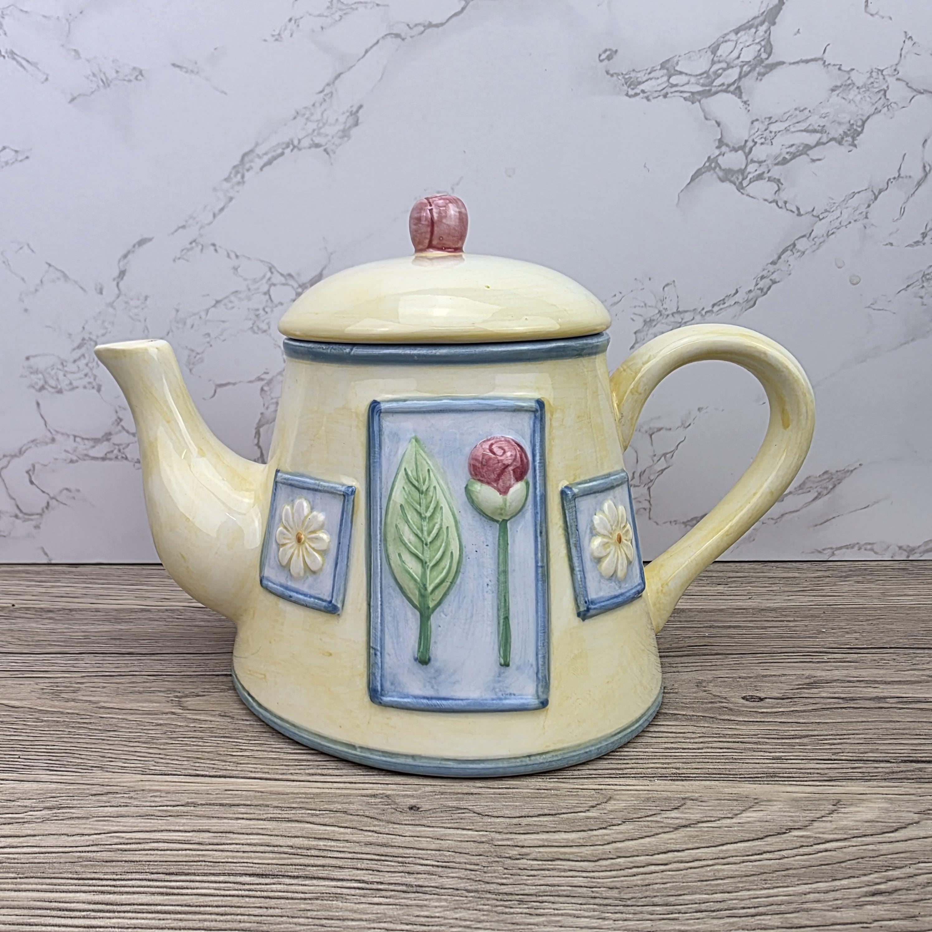 Ceramic Tea Pot Rayware Floral Relief Teapot Yellow Blue Cottage Kitchen Decor Collectible Teaware