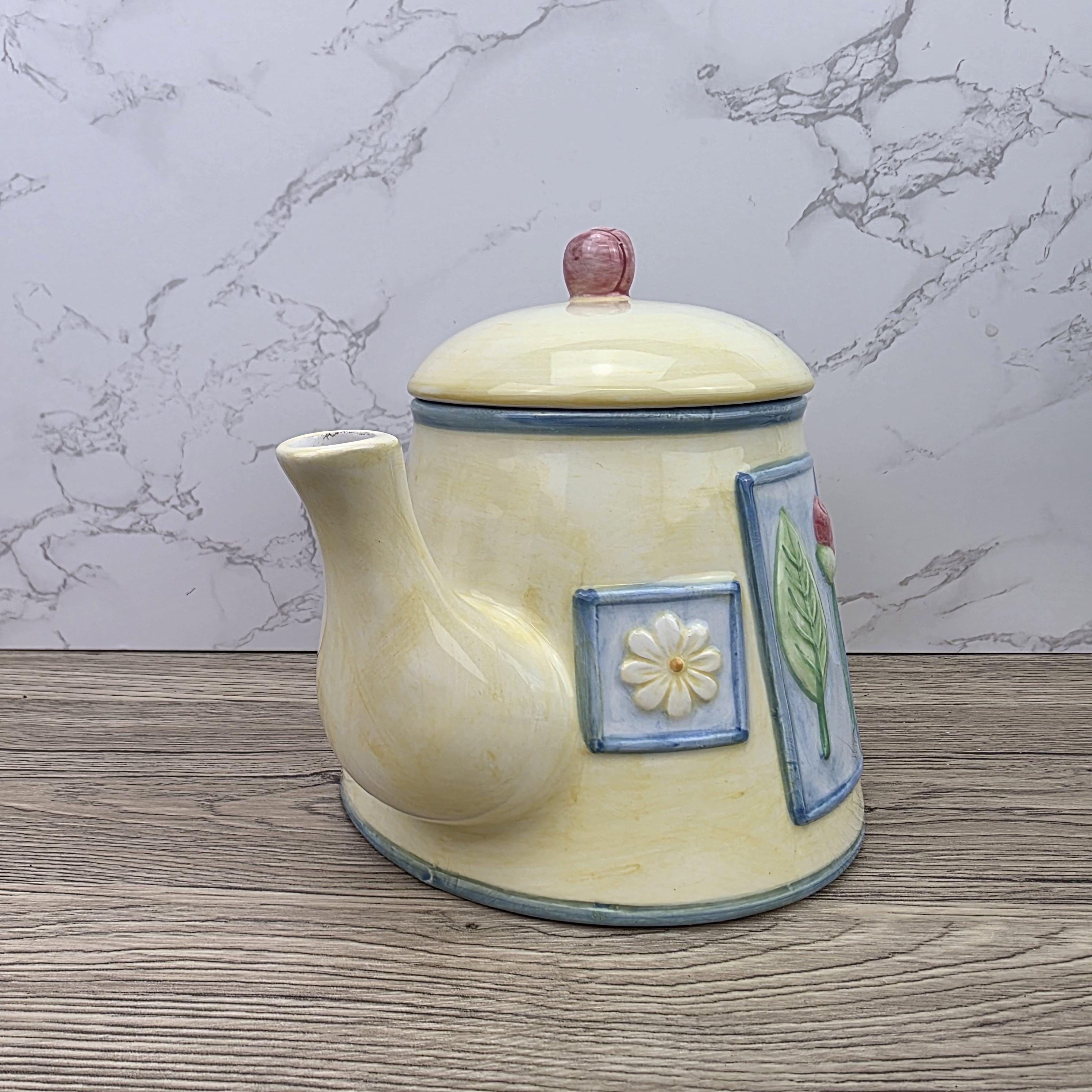 Ceramic Tea Pot Rayware Floral Relief Teapot Yellow Blue Cottage Kitchen Decor Collectible Teaware