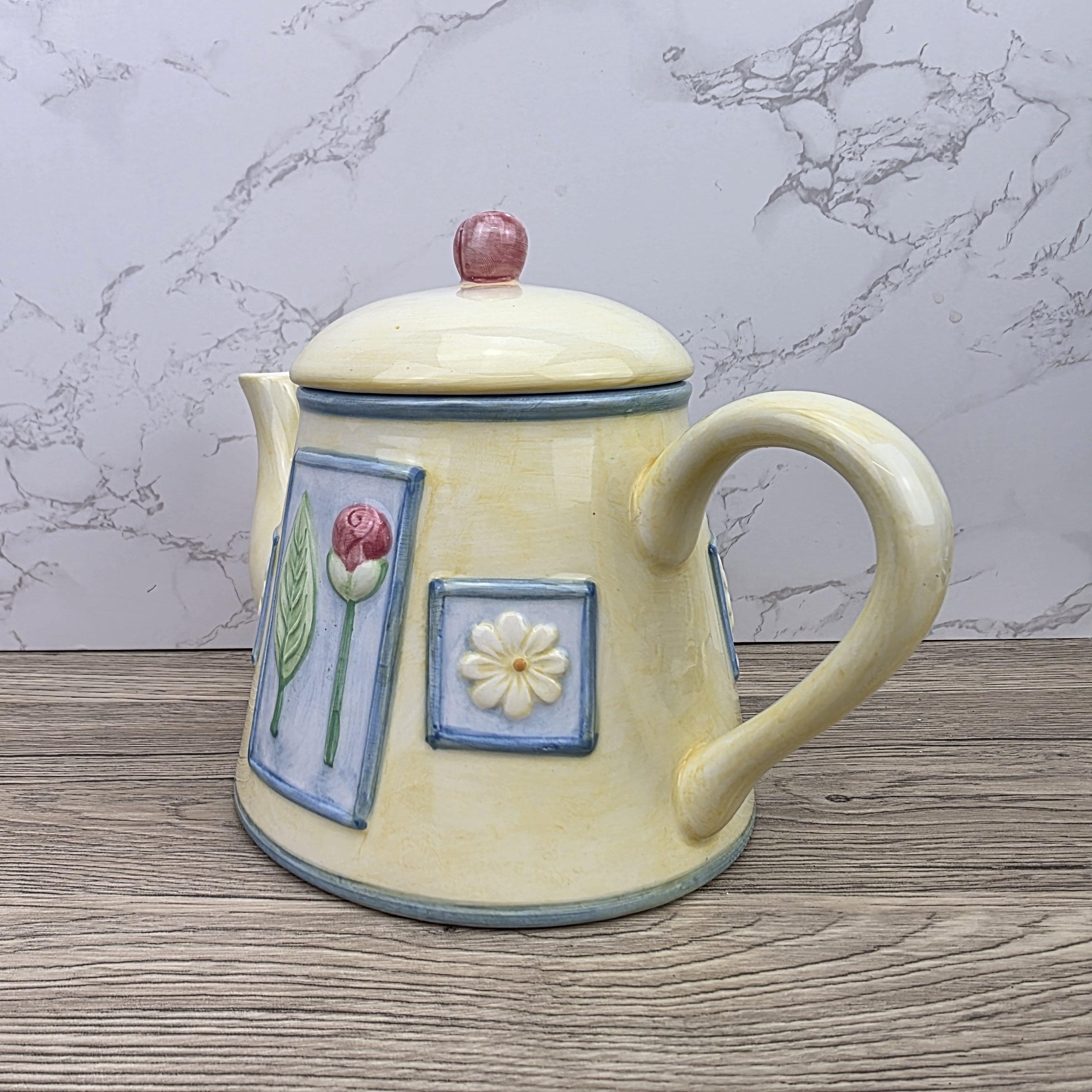 Ceramic Tea Pot Rayware Floral Relief Teapot Yellow Blue Cottage Kitchen Decor Collectible Teaware