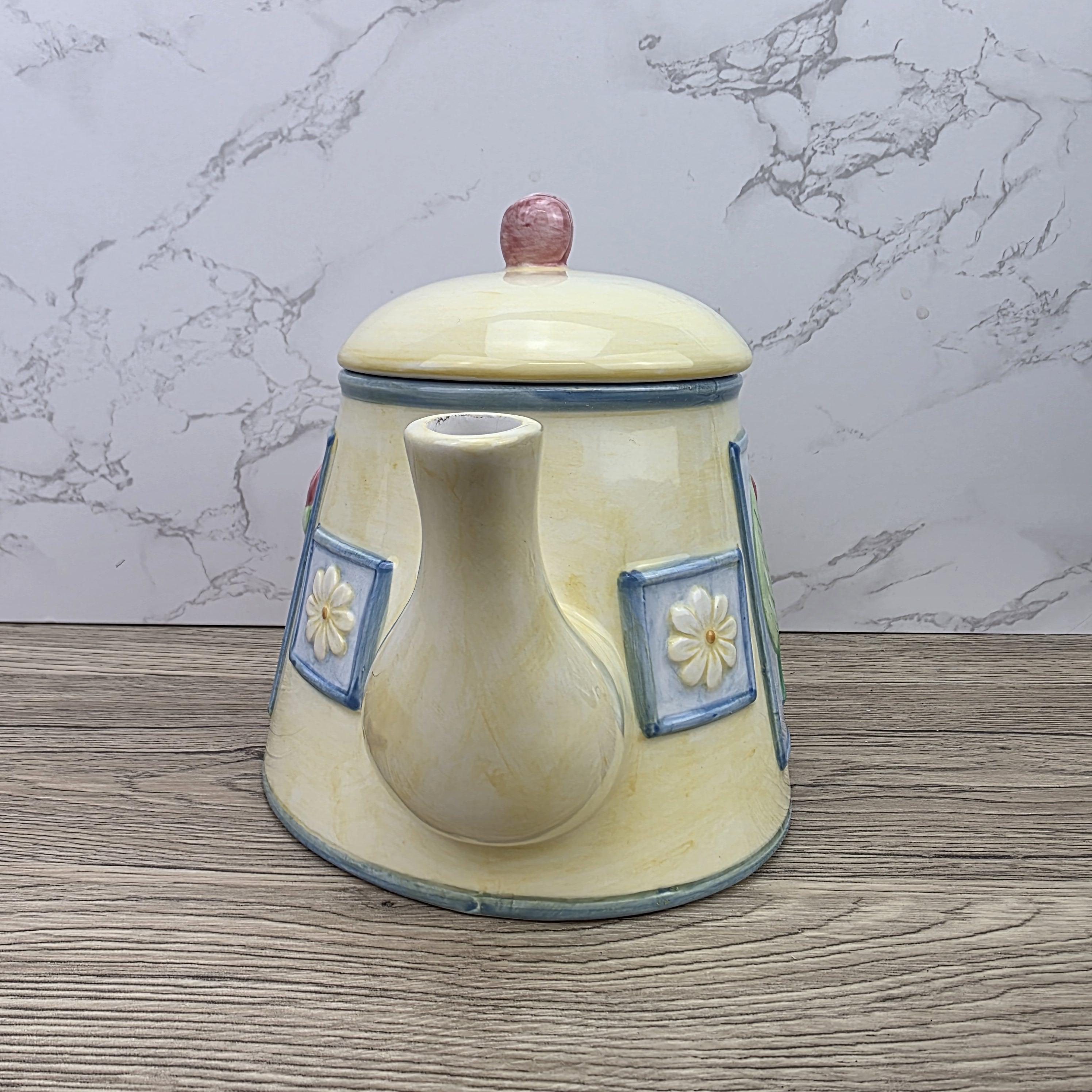Ceramic Tea Pot Rayware Floral Relief Teapot Yellow Blue Cottage Kitchen Decor Collectible Teaware