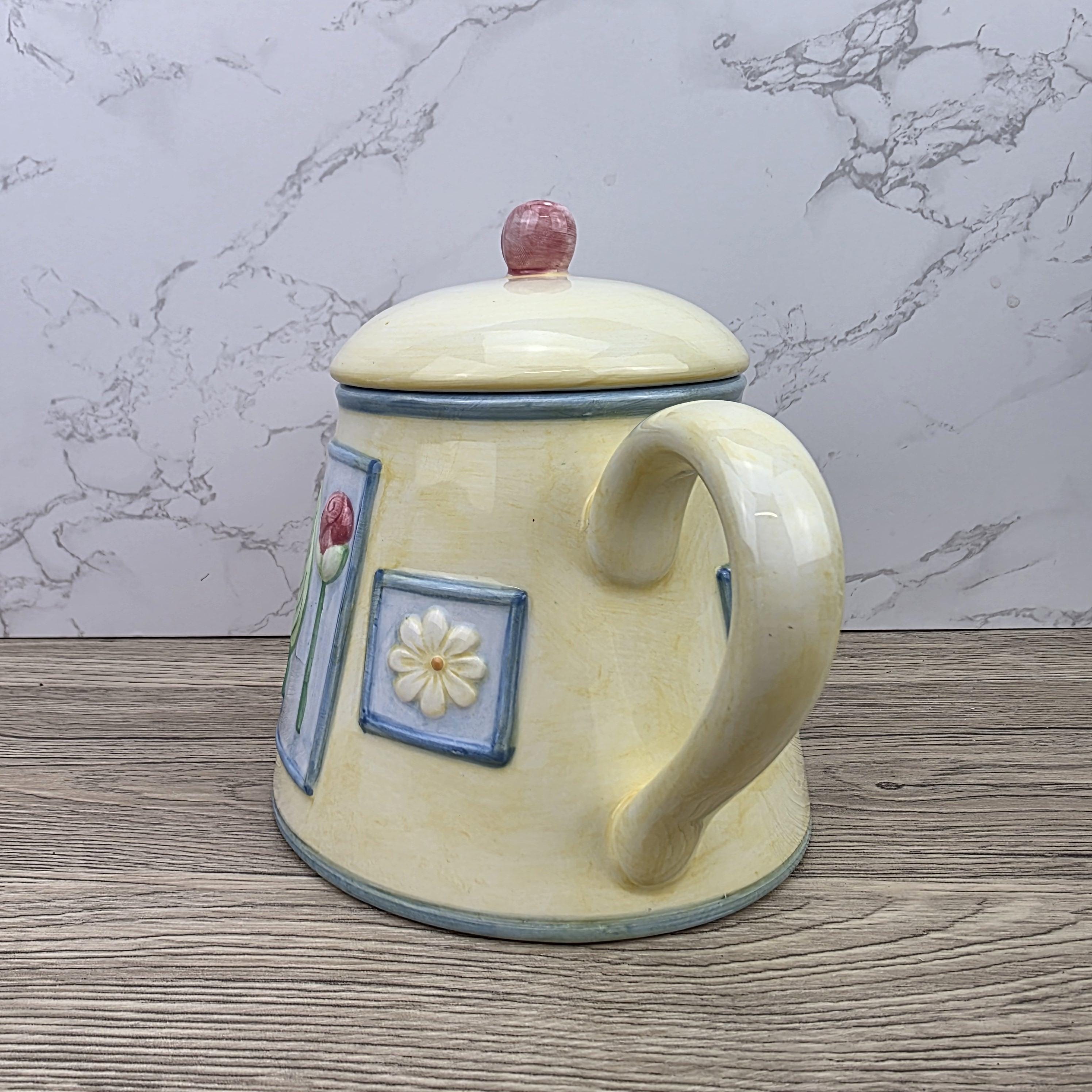 Ceramic Tea Pot Rayware Floral Relief Teapot Yellow Blue Cottage Kitchen Decor Collectible Teaware