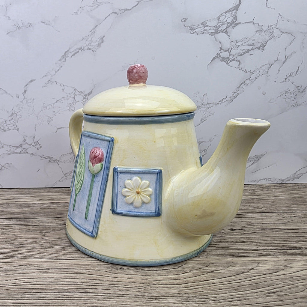 Ceramic Tea Pot Rayware Floral Relief Teapot Yellow Blue Cottage Kitchen Decor Collectible Teaware