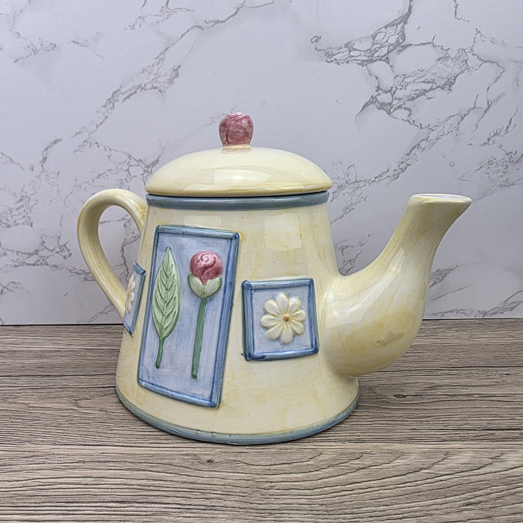 Ceramic Tea Pot Rayware Floral Relief Teapot Yellow Blue Cottage Kitchen Decor Collectible Teaware