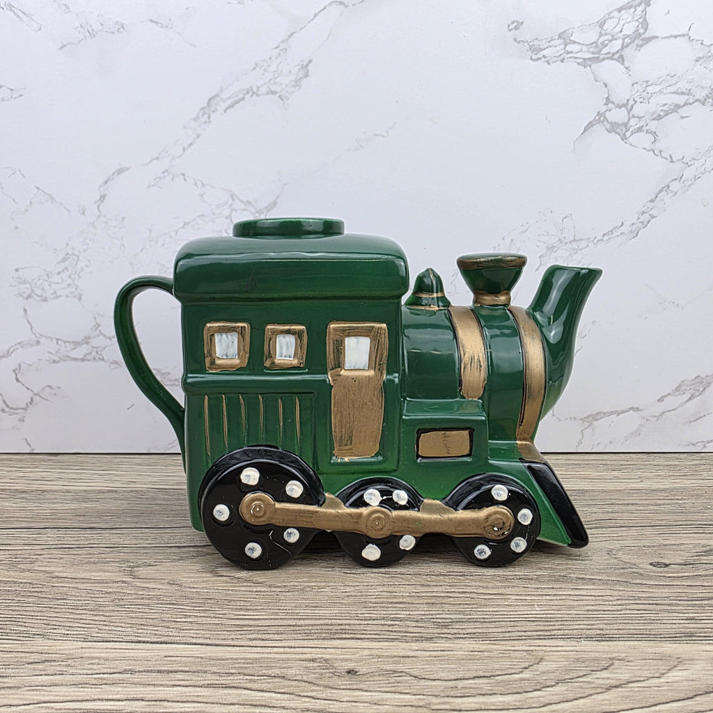 Locomotive Train Teapot Ceramic Novelty Kitchen Decor | Green Steam Engine Style | Hand Painted Details