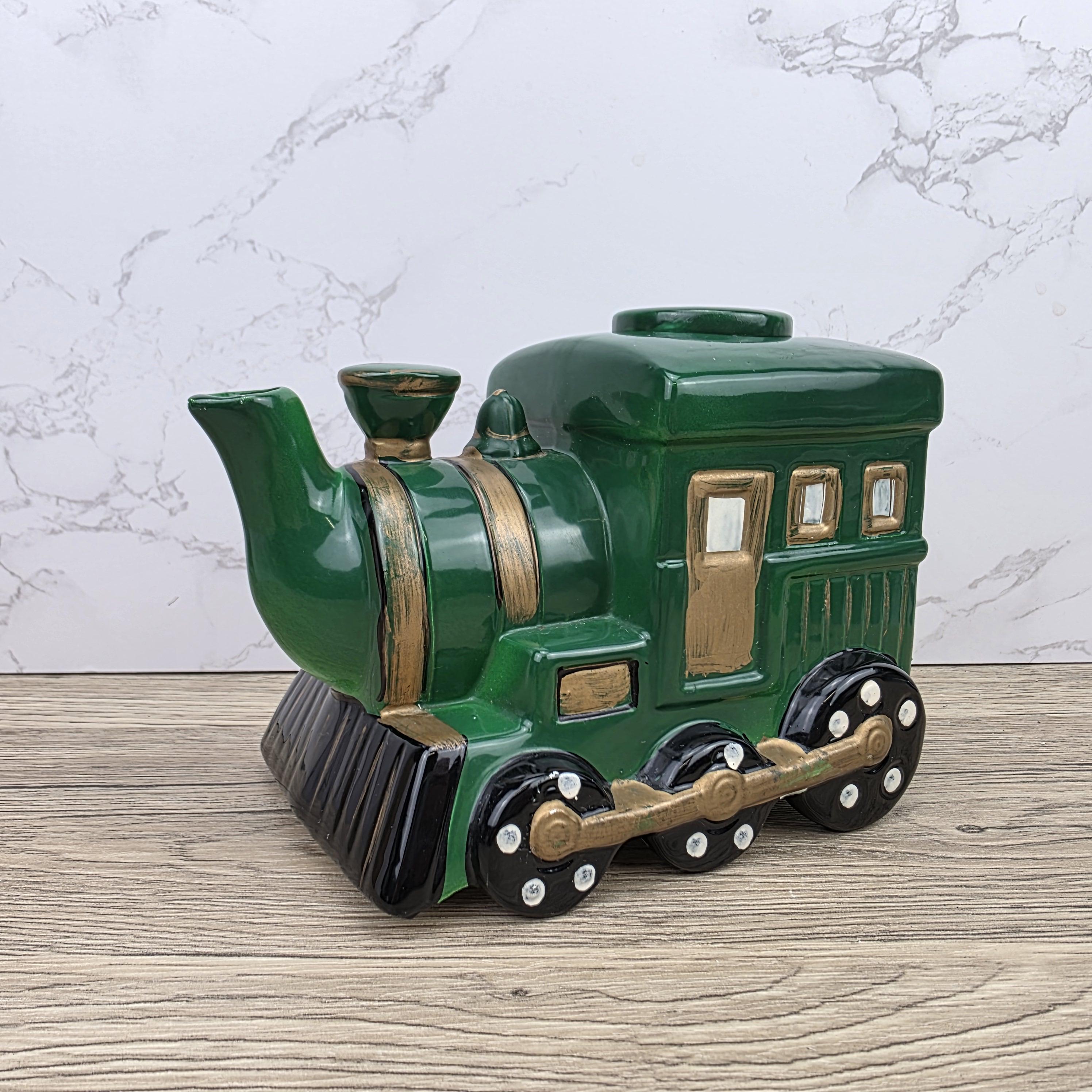 Locomotive Train Teapot Ceramic Novelty Kitchen Decor | Green Steam Engine Style | Hand Painted Details