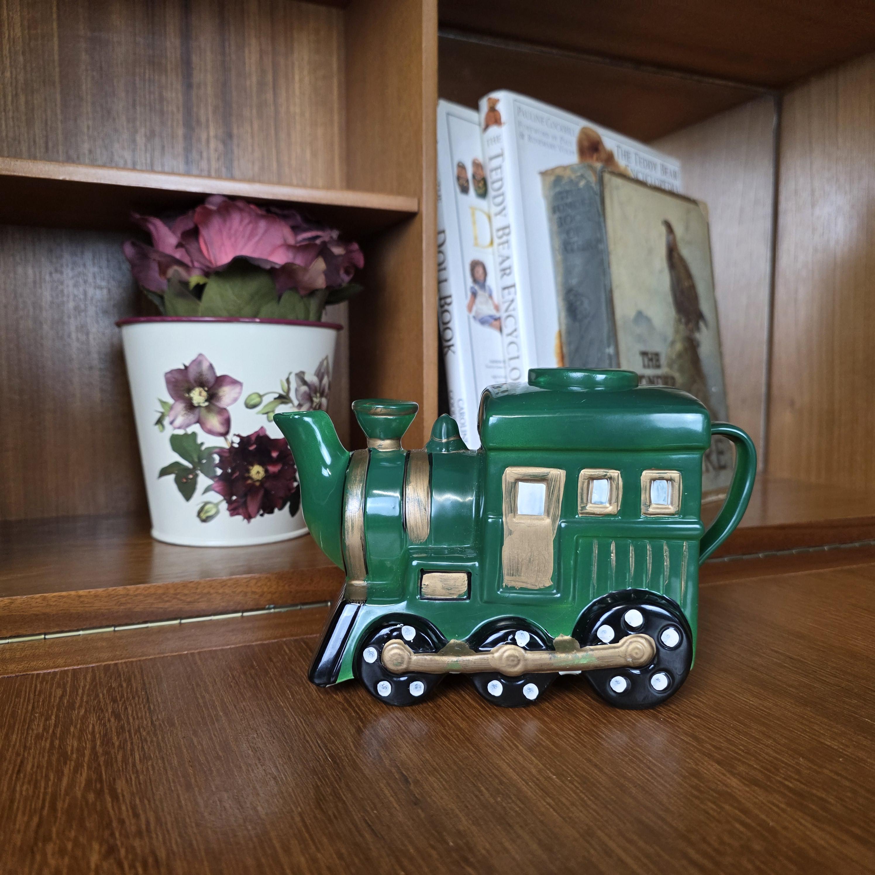 Locomotive Train Teapot Ceramic Novelty Kitchen Decor | Green Steam Engine Style | Hand Painted Details
